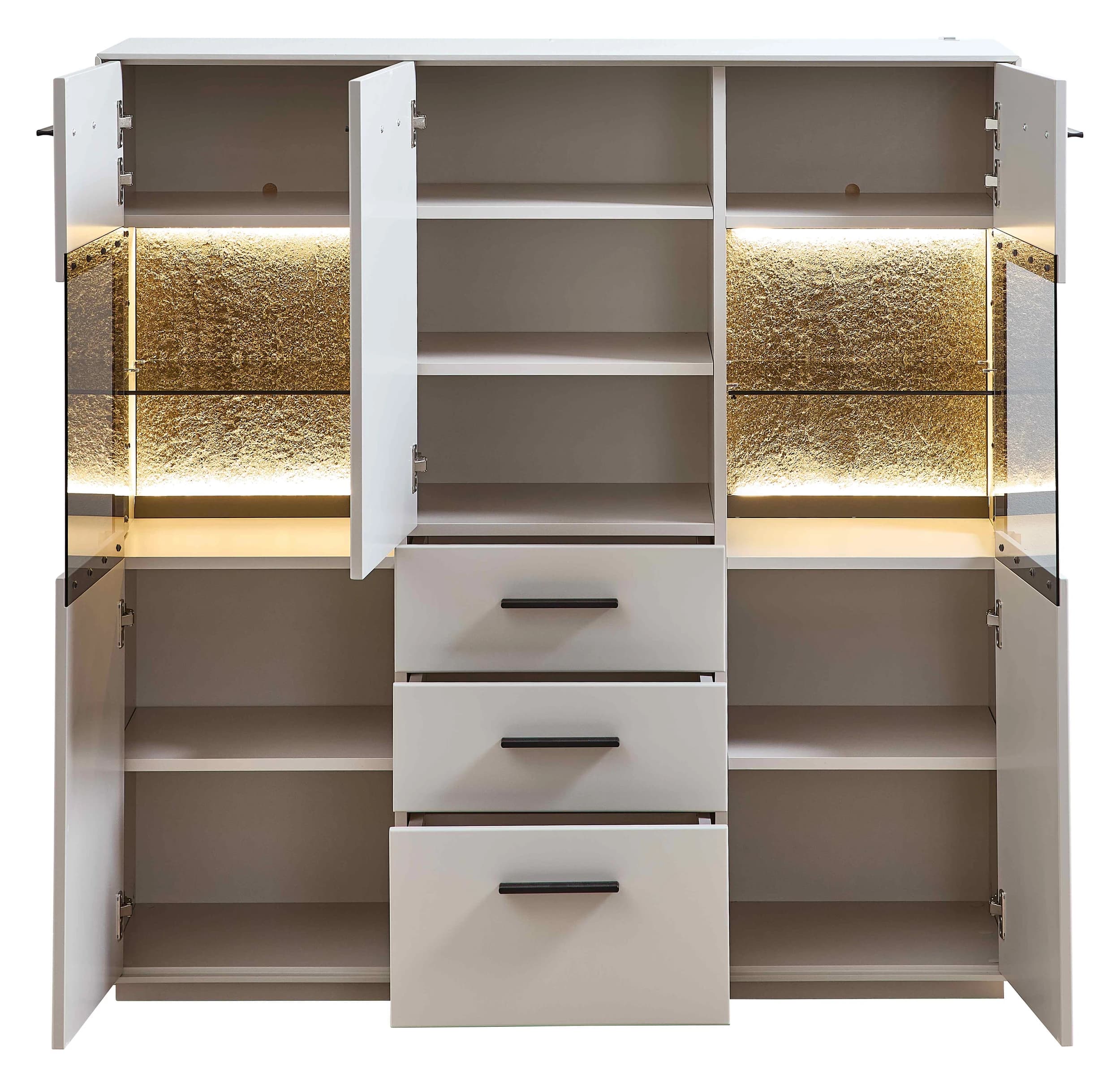 Highboard -  mit Beleuchtung, Creme Lack, Absetzung: Granit Steinfurnier