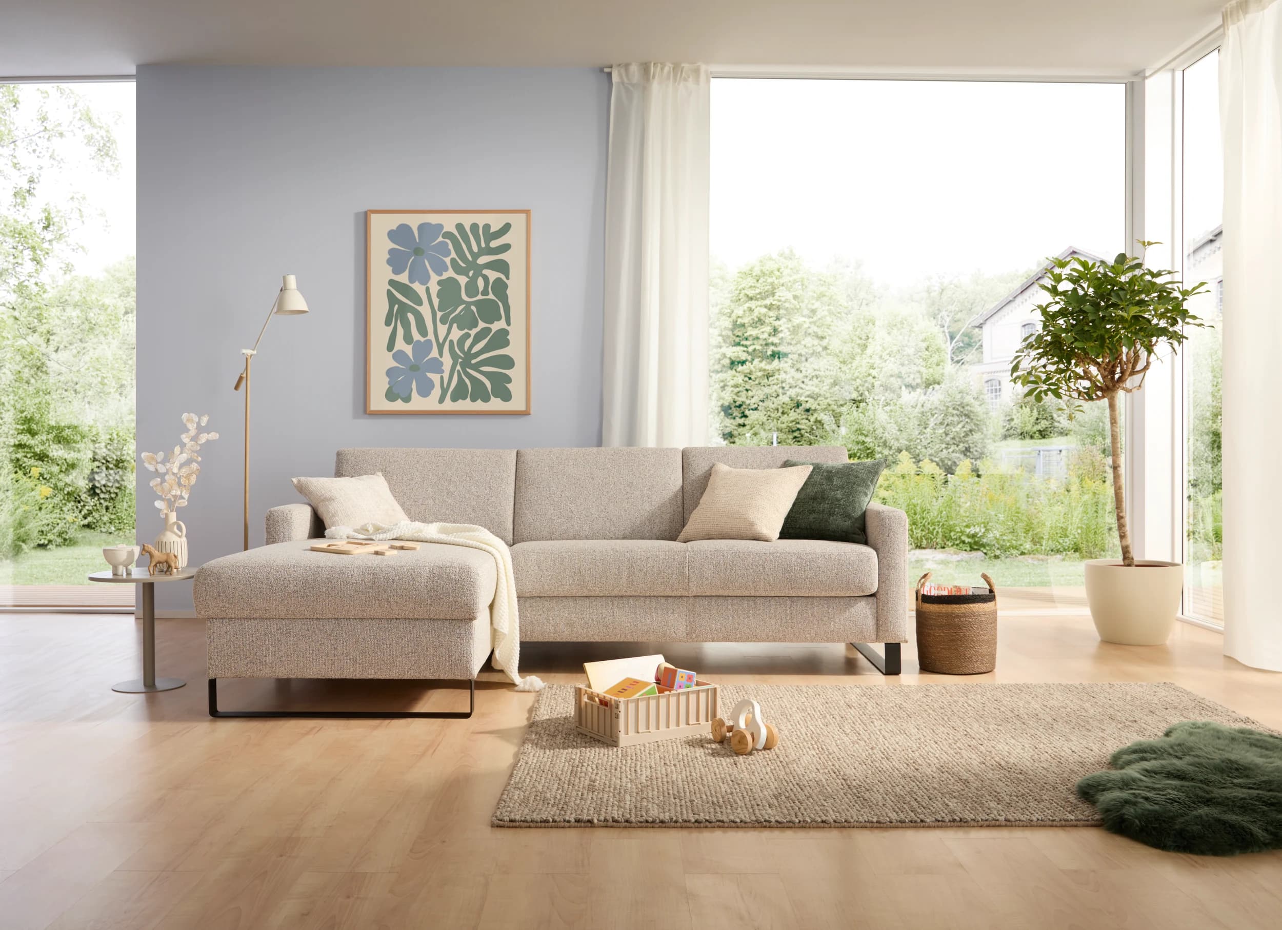Schlafsofa Laredo - Longchair mit 2-Sitzer rechts inkl. Schlaffunktion mit Bettkasten, Stoff, Graubeige