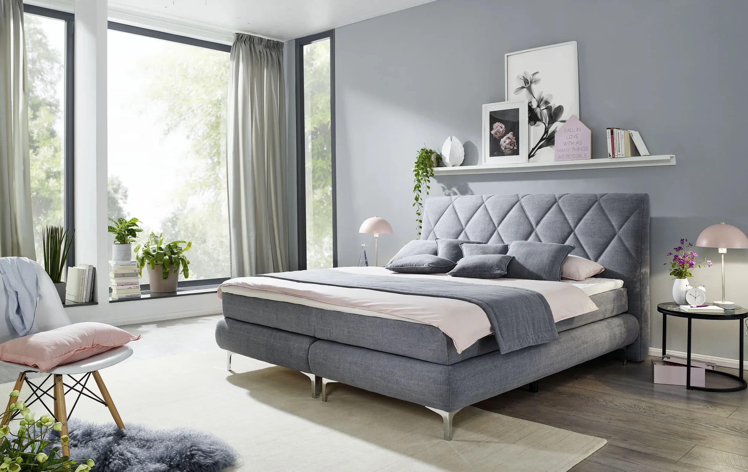 Boxspringbett - Liegefläche ca. 180x200 cm, Stoff, Grau