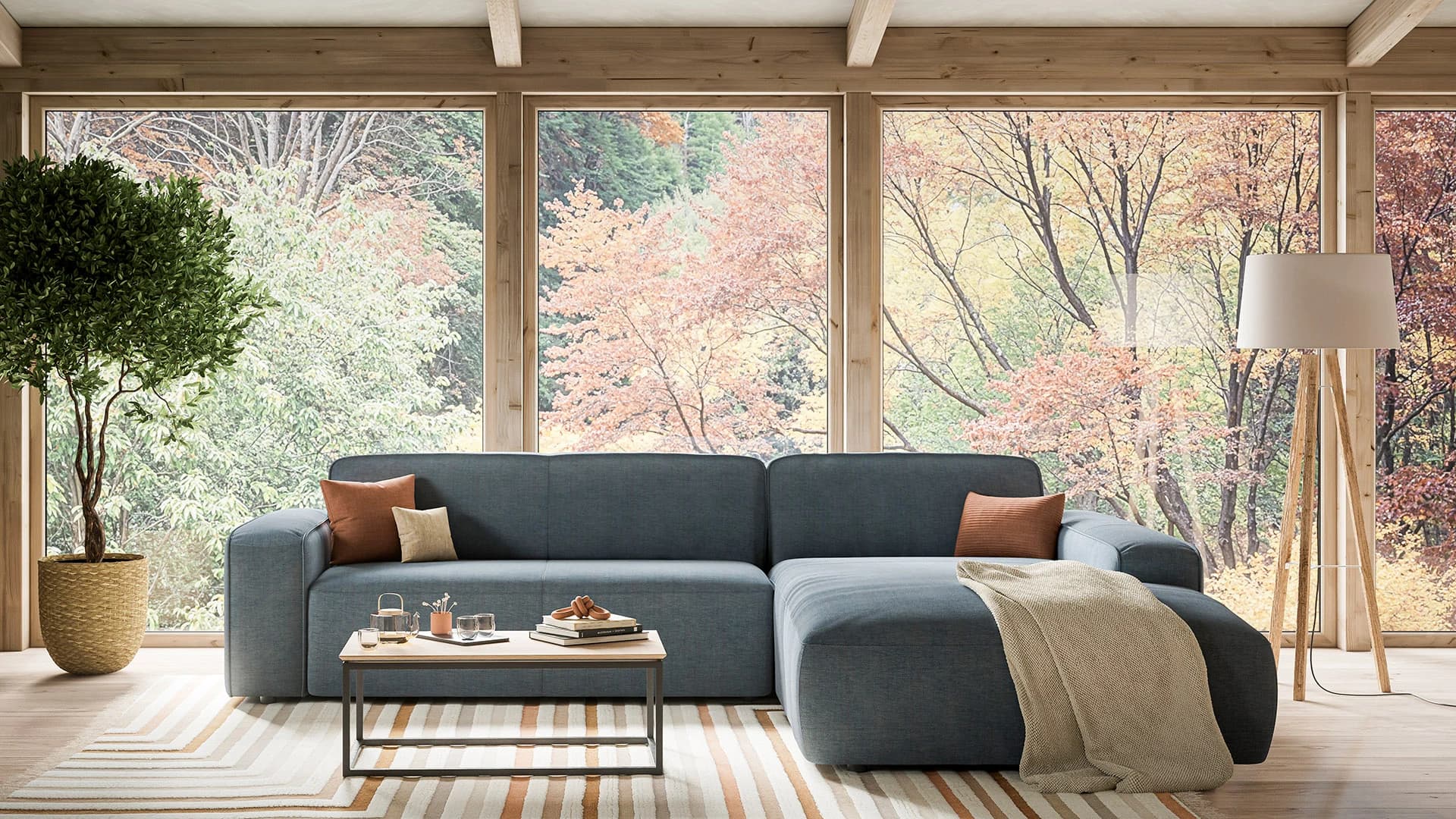 Ecksofa Denver - 2,5-Sitzer mit Longchair rechts, Stoff, Blau