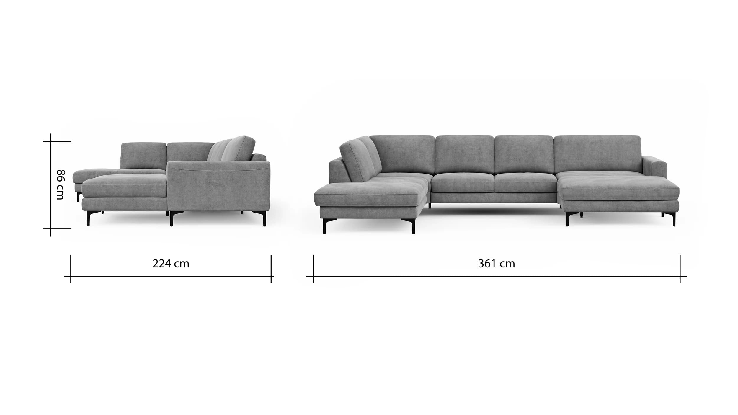 Wohnlandschaft Oviedo - Ecke links mit 2-Sitzer und Longchair rechts, Stoff, Grau