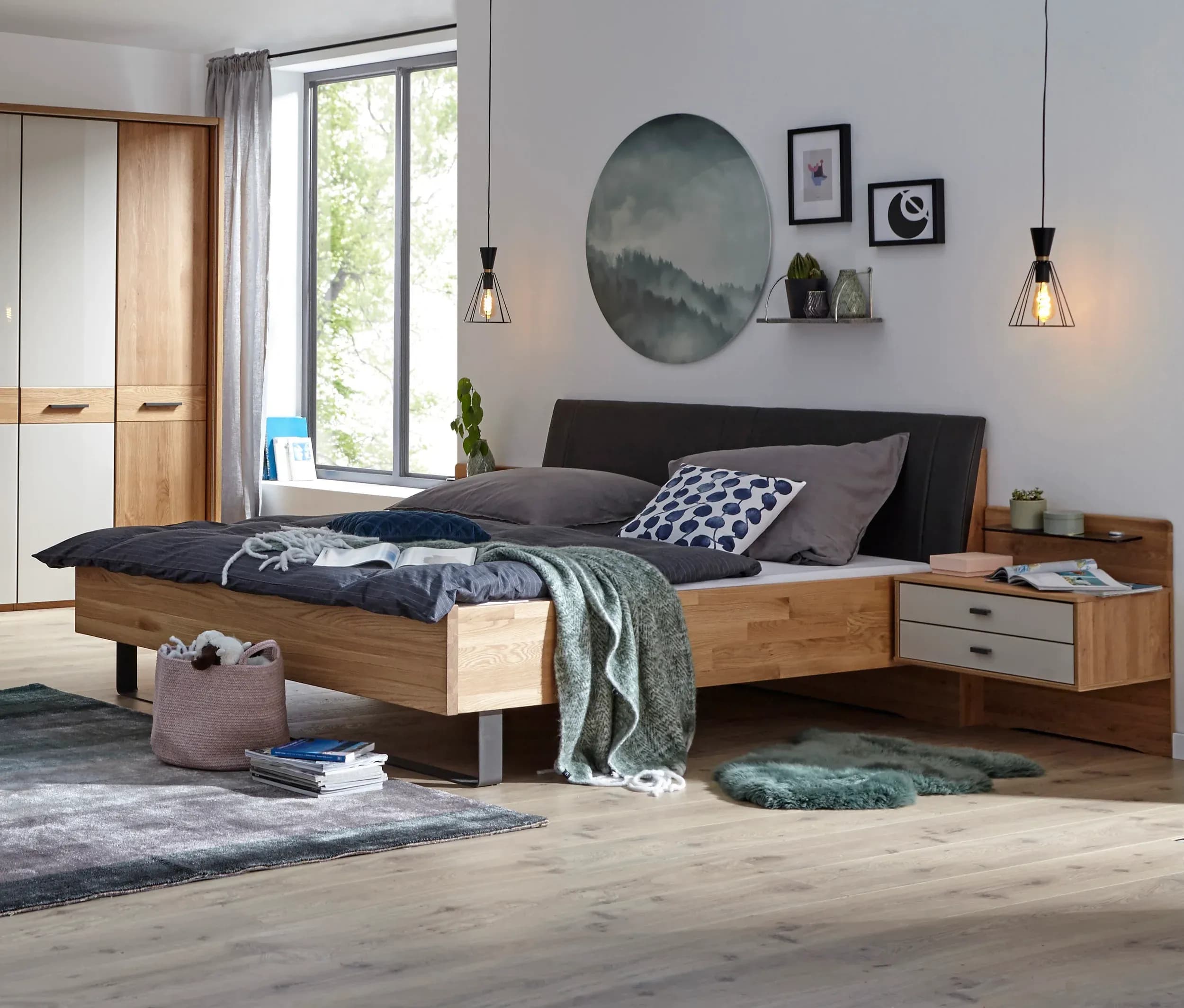 Bett Lenoso - Liegefläche ca. 180x200 cm, Eiche massiv, Kunstleder Anthrazit