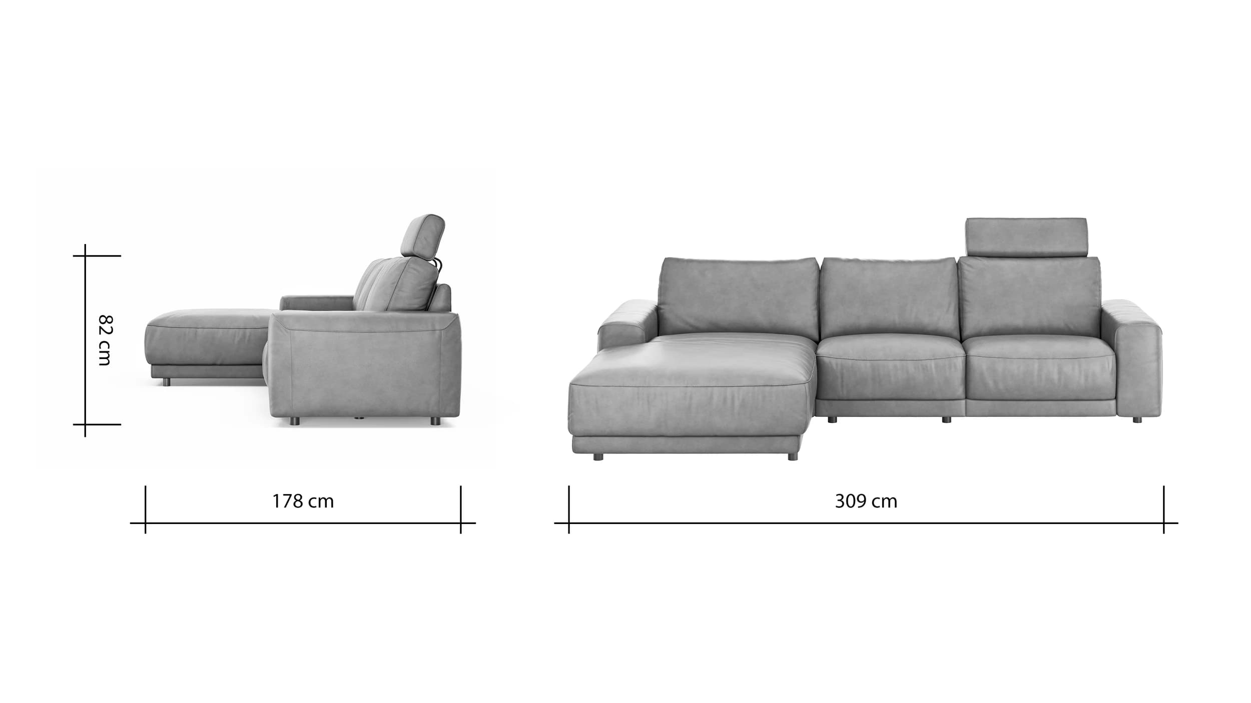 Ecksofa Balok - Longchair groß links mit 2,5-Sitzer, inkl. Relaxfunktion (motorisch) und Kopfstütze, Leder, Dunkelbraun