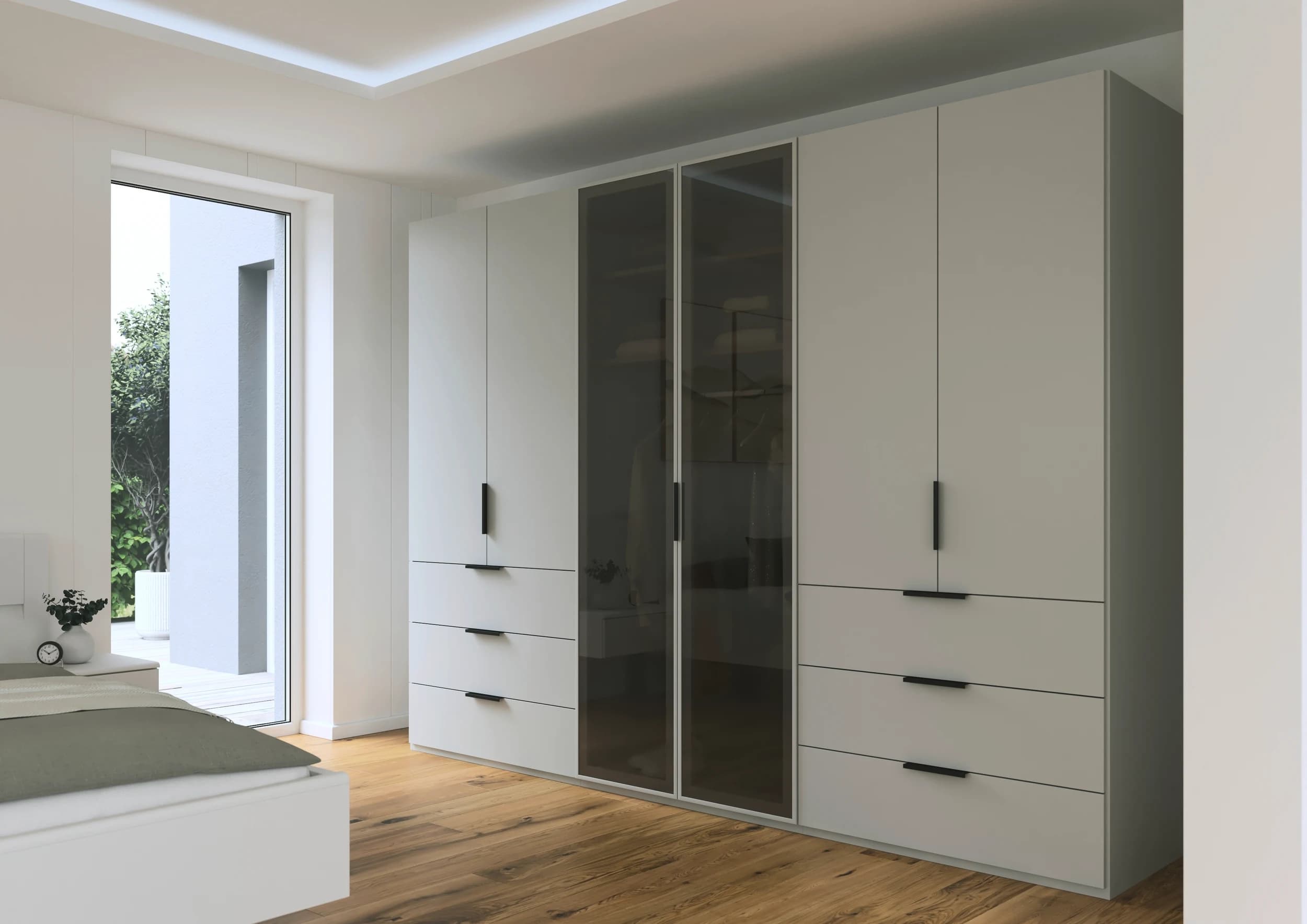 Drehtürenschrank - B. ca. 300 cm, Seidengrau Dekor, Glasrahmentüren Schwarz