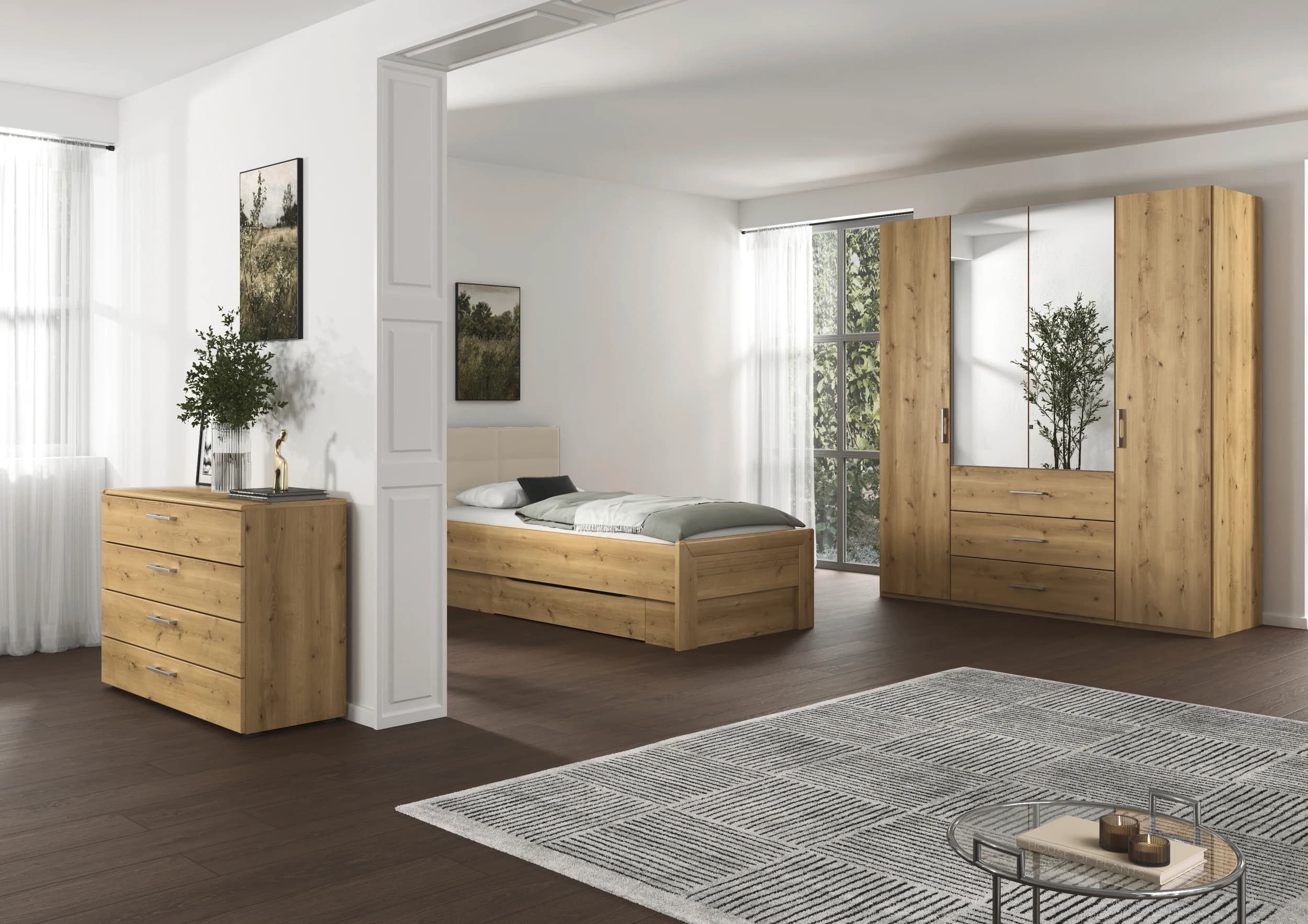 Drehtürenschrank - B. ca. 201 cm, mit Spiegeltüren und 3 Schubkästen, Fronten Asteiche Massiv