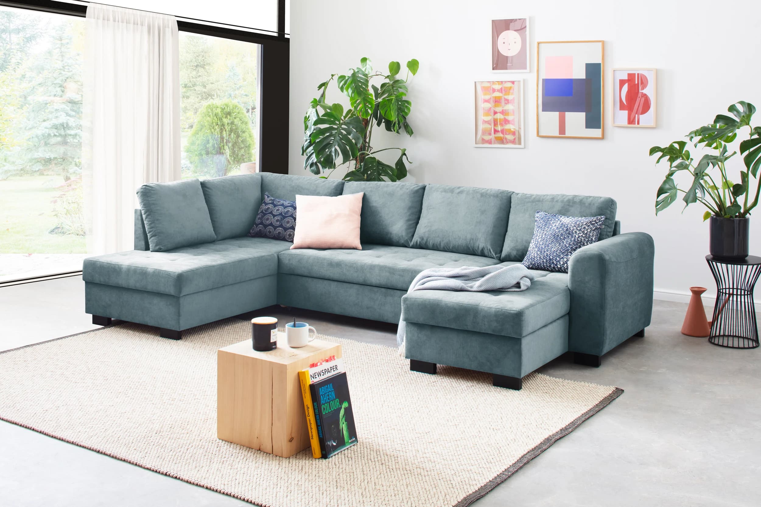 Wohnlandschaft - Ecke links, 2-Sitzer, Longchair rechts, Stoff, Blau