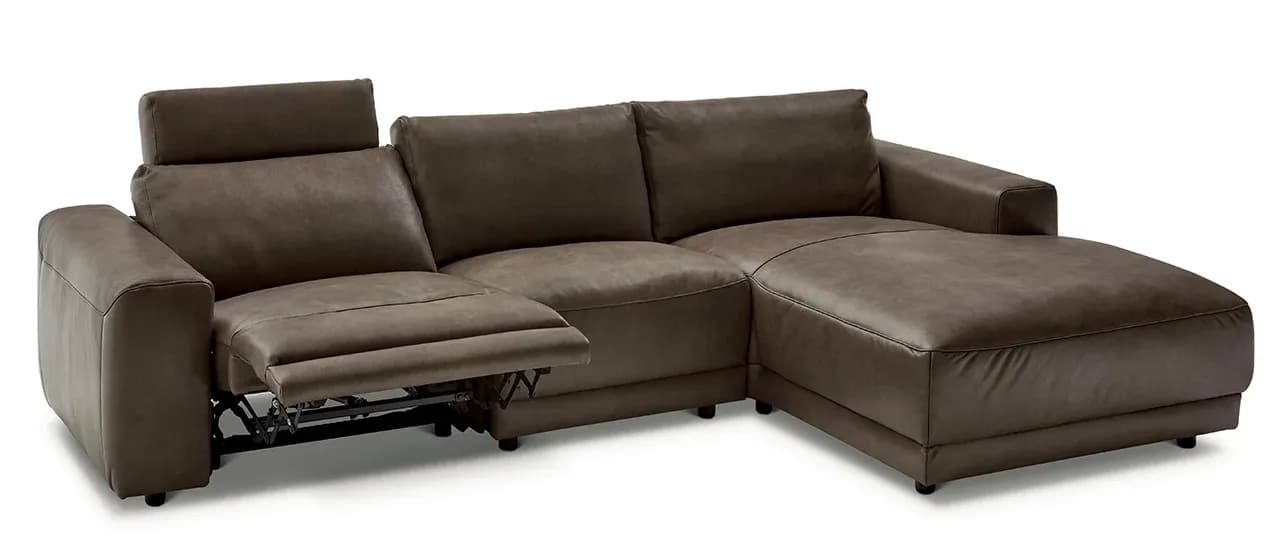 Ecksofa Balok - 2,5-Sitzer mit Longchair groß rechts, inkl. Relaxfunktion (motorisch) und Kopfstütze, Leder, Dunkelbraun