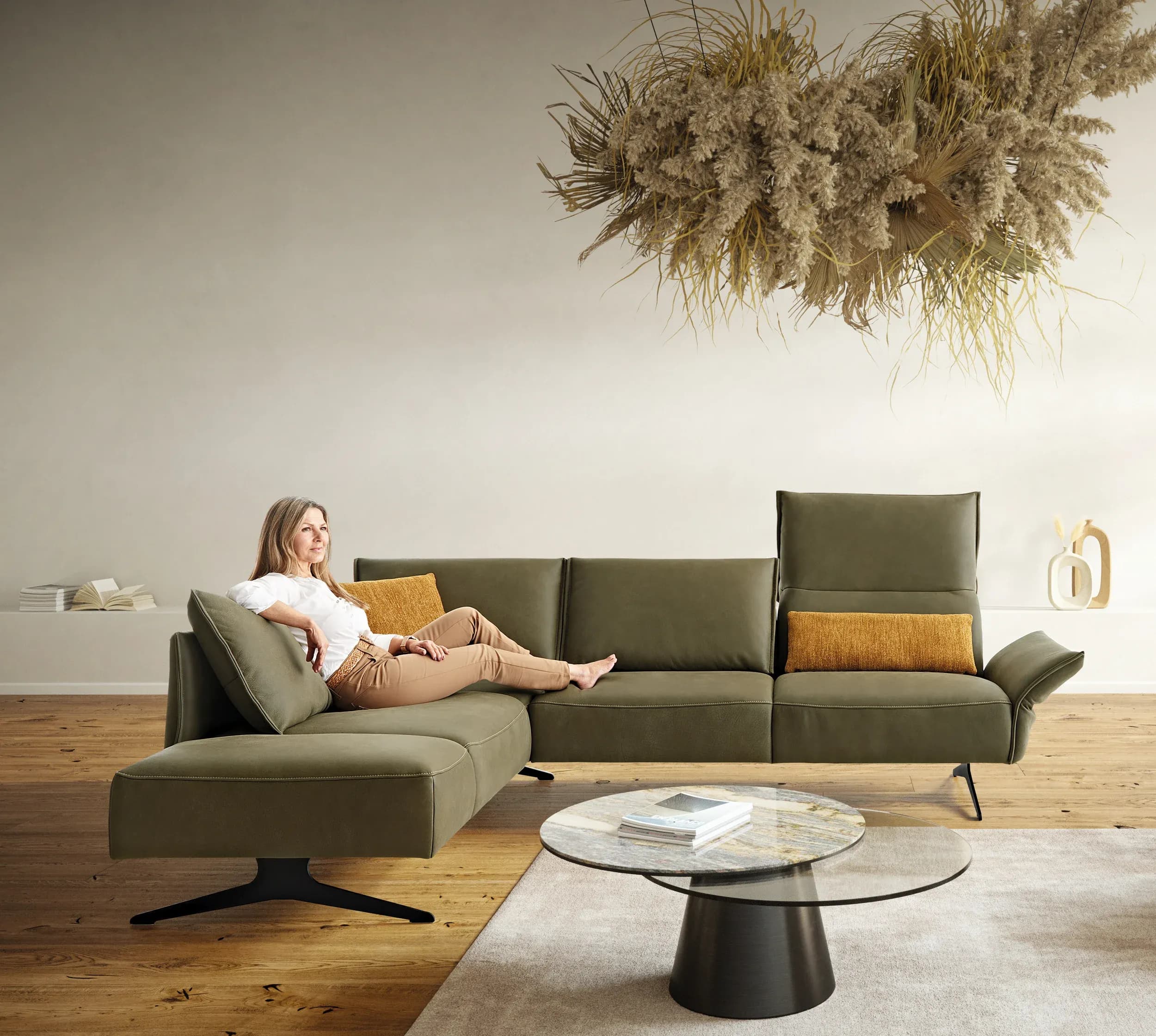 Ecksofa - Ecke links mit 2,5-Sitzer rechts, Rückenlehne/Armlehne verstellbar, Leder, Olive