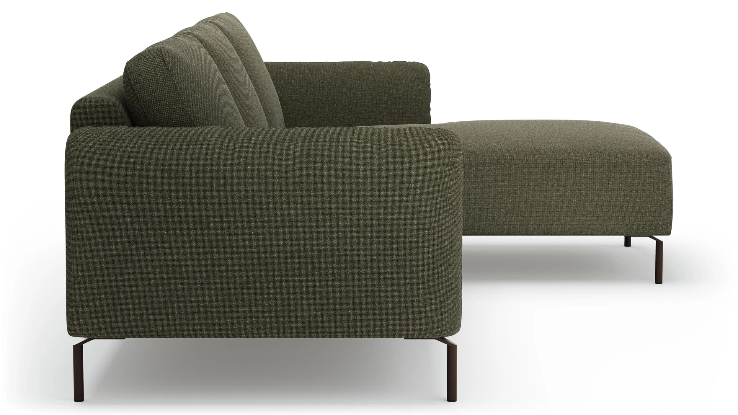 Ecksofa Leona - 3-Sitzer mit Longchair rechts inkl. Sitzvorzug motorisch, Stoff, Braungrün