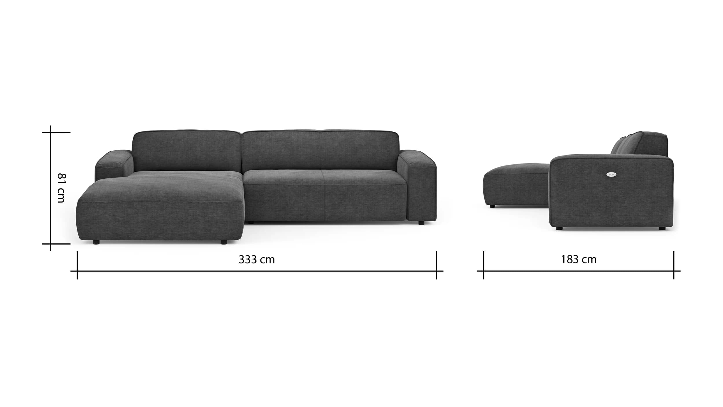 Ecksofa Denver - Longchair links mit 2,5-Sitzer, inkl. Sitzvorzug (motorisch), Stoff, Blau