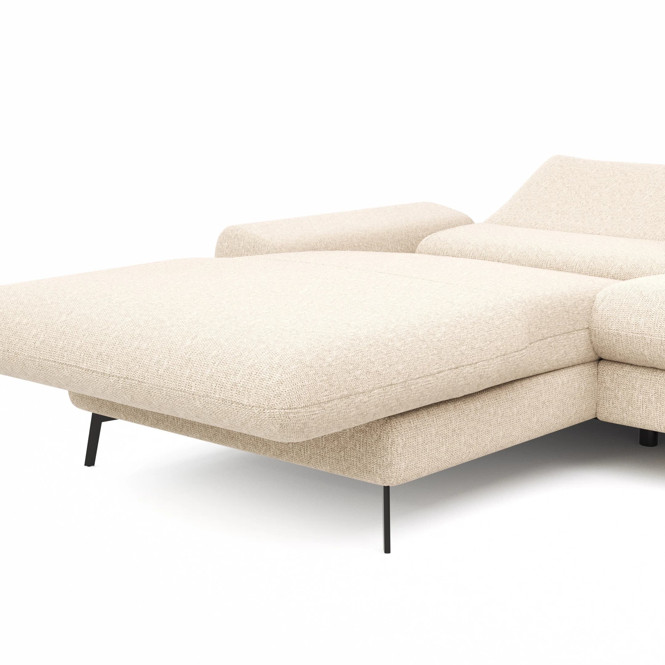 Ecksofa Gotera - Longchair groß mit 1,5-Sitzer med + 1,5-Sitzer med rechts inkl. Schlaffunktion (teilmotorisch), Armlehne klappbar, Rückenlehne verstellbar  und einmal Relaxfunktion (teilmotorisch), Stoff, Creme
