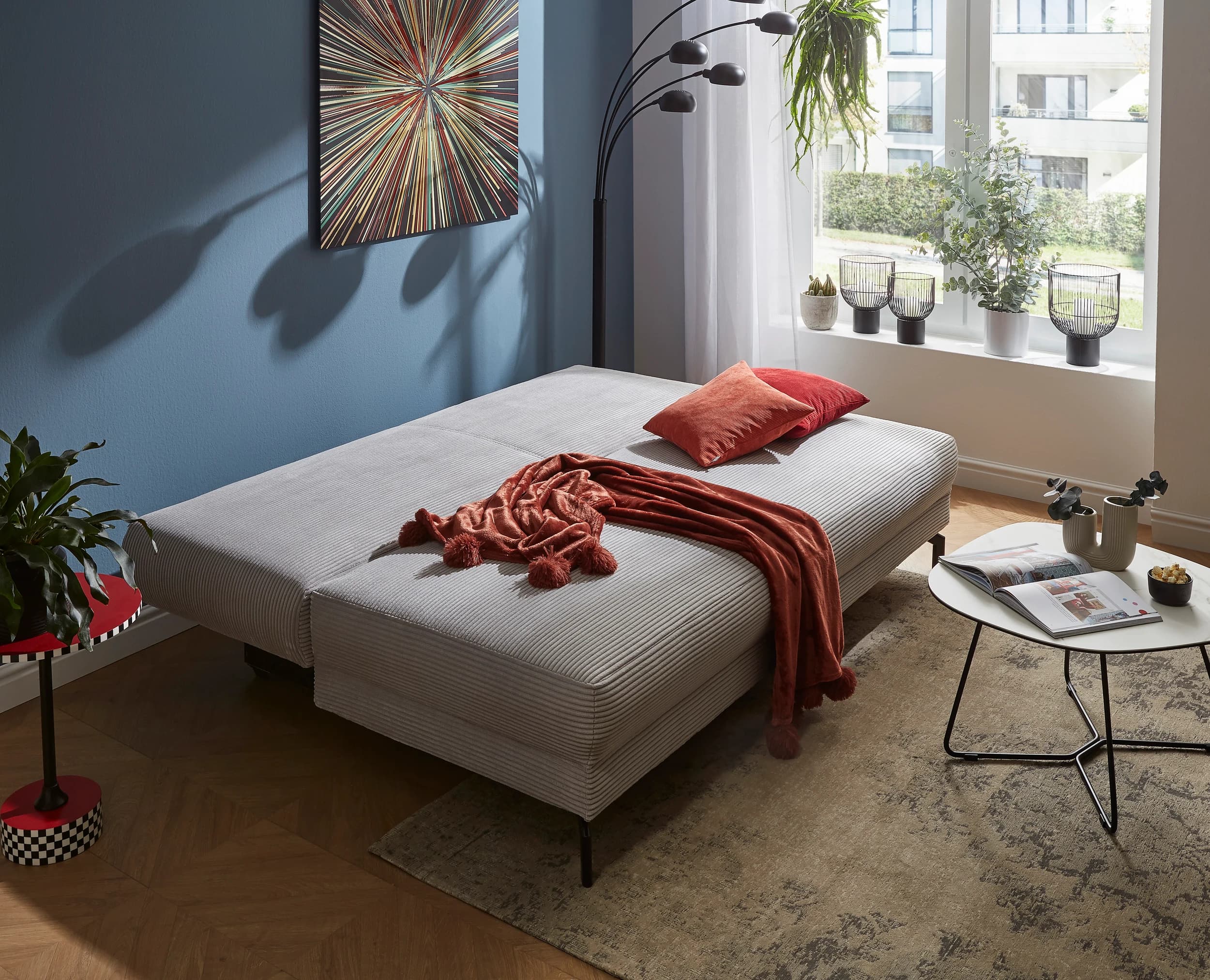 Schlafsofa Salema - 3-Sitzer mit Schlaffunktion (Liegefläche ca. 150x200cm), Stoff, Hellgrau