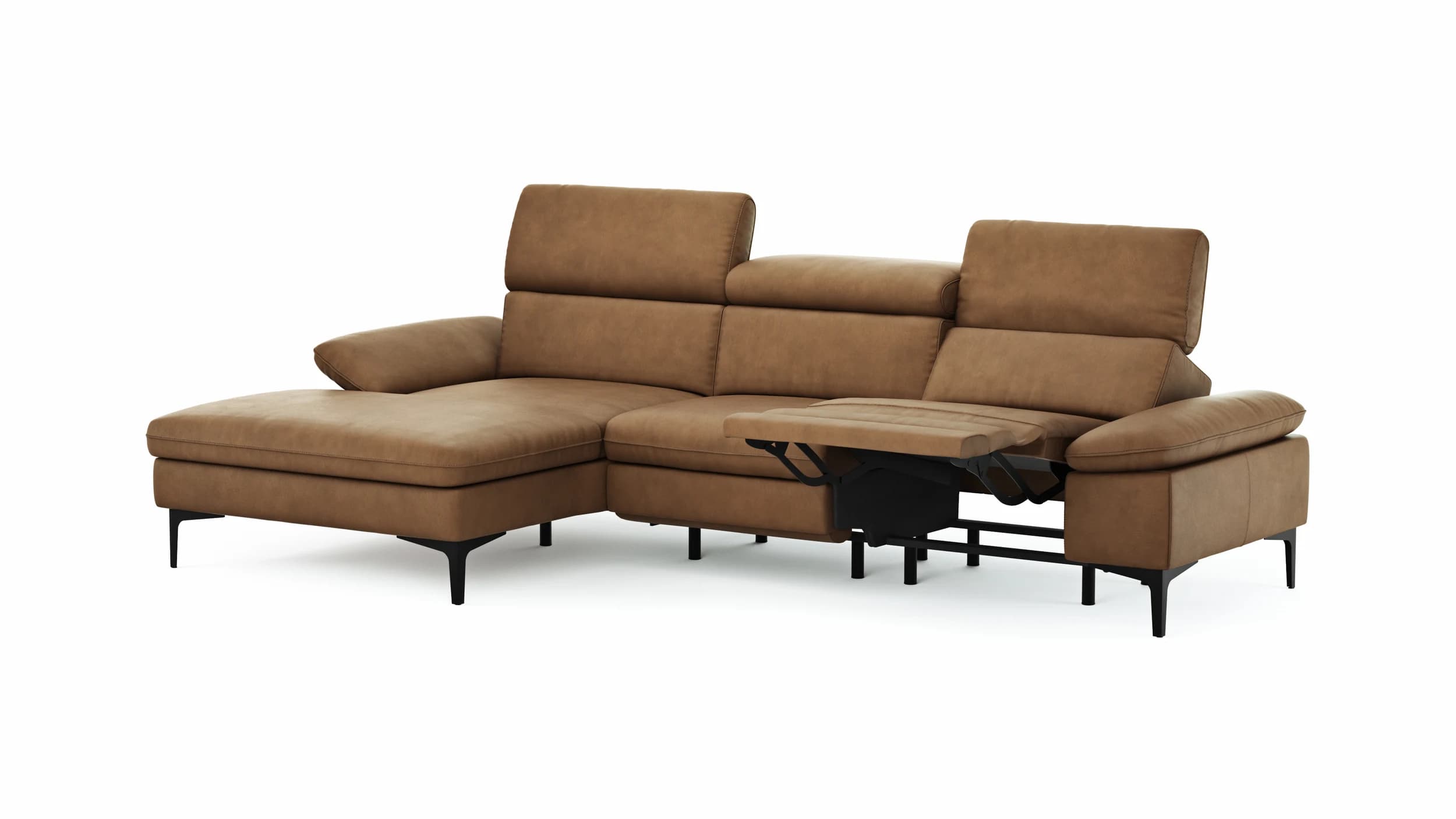 Ecksofa Felipa - Longchair links mit 2,5-Sitzer inkl. Armlehne verstellbar und Rückenlehne/Sitztiefe verstellbar (motorisch), Leder, Cognac