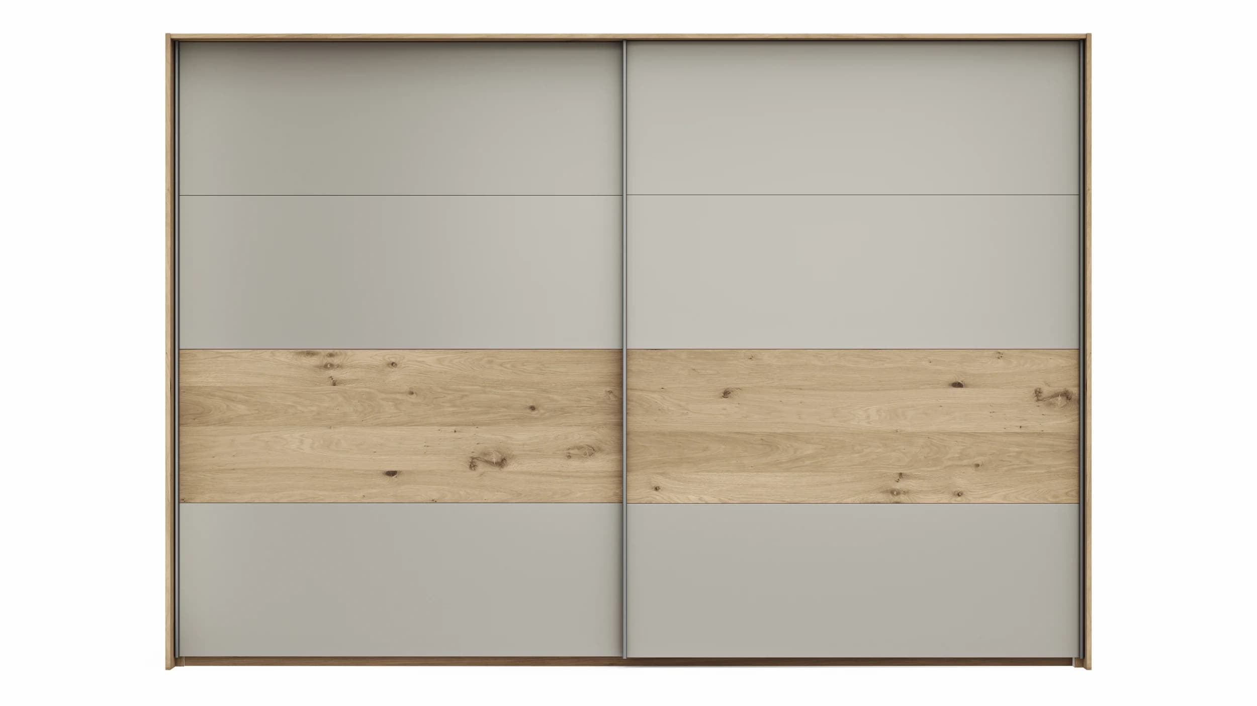 Schwebetürenschrank Viana - B ca. 308 cm, Furnier, Balkeneiche, Hellgrau