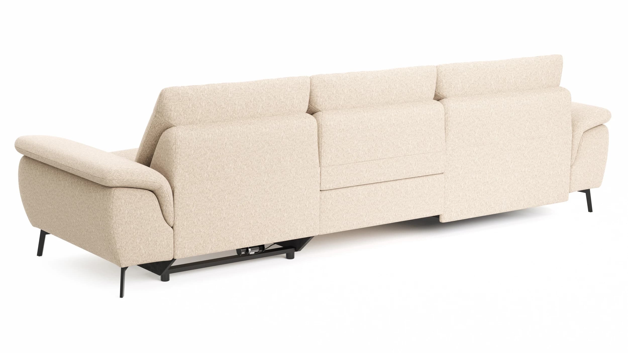 Ecksofa Gotera - Longchair groß mit 1,5-Sitzer med + 1,5-Sitzer med rechts inkl. Schlaffunktion (teilmotorisch), Armlehne klappbar, Rückenlehne verstellbar  und einmal Relaxfunktion (teilmotorisch), Stoff, Creme