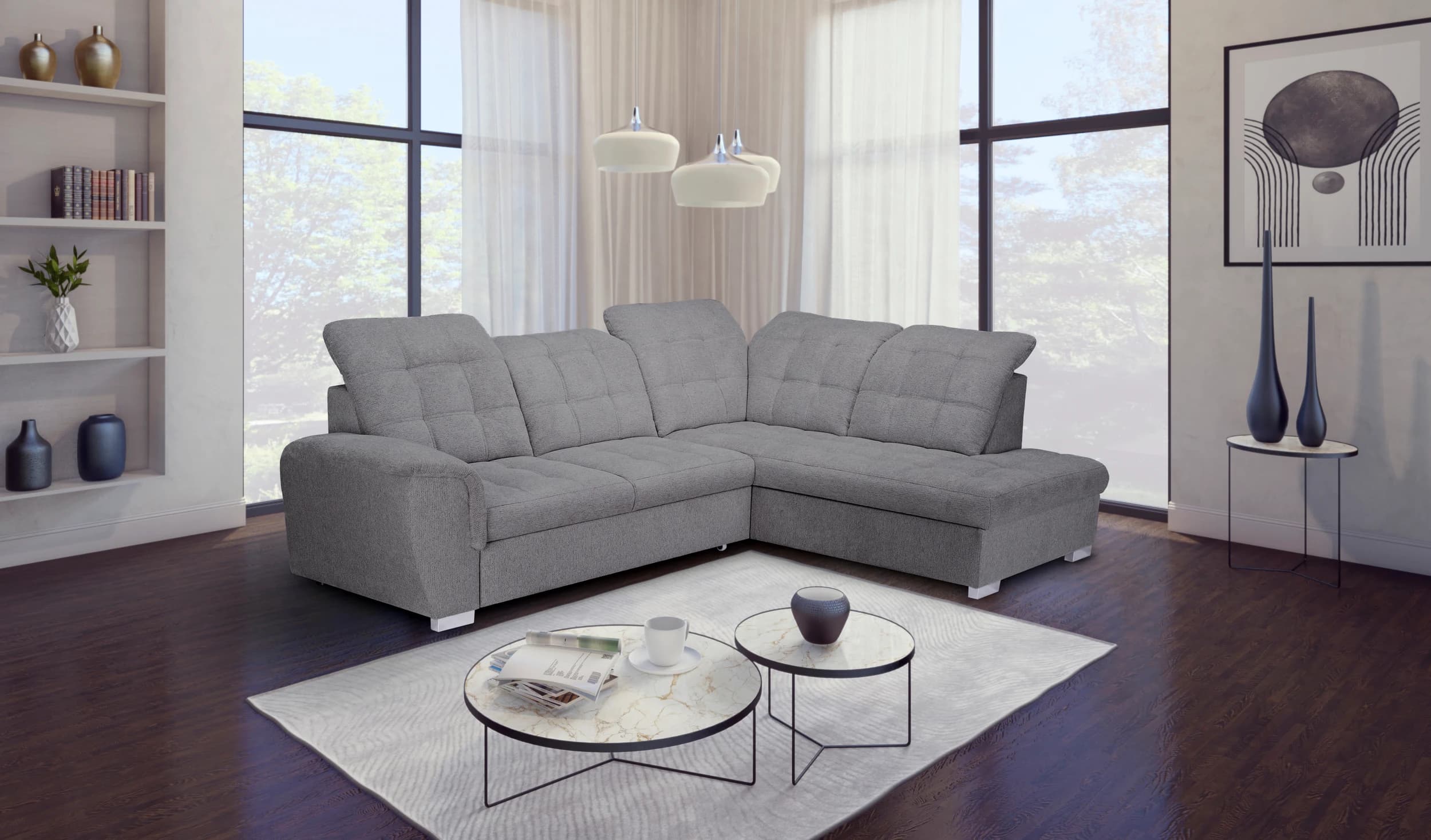 Ecksofa - 2-Sitzer, Ecke rechts inkl. Schlaffunktion und Bettkasten, verstellbare Kopfstützen, Stoff, Grau
