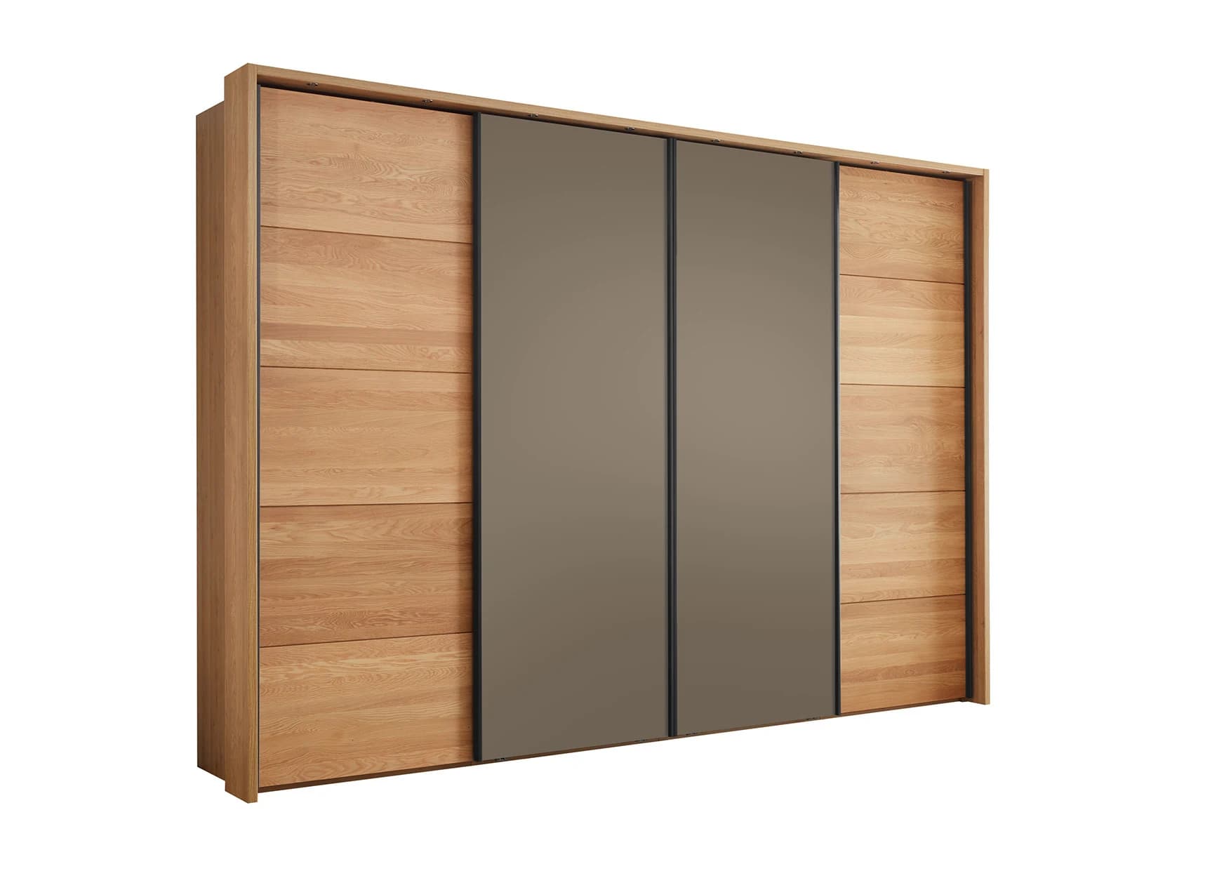Schwebetürenschrank Lenoso - B. ca. 340 cm, Eiche massiv, Glas, Graubraun