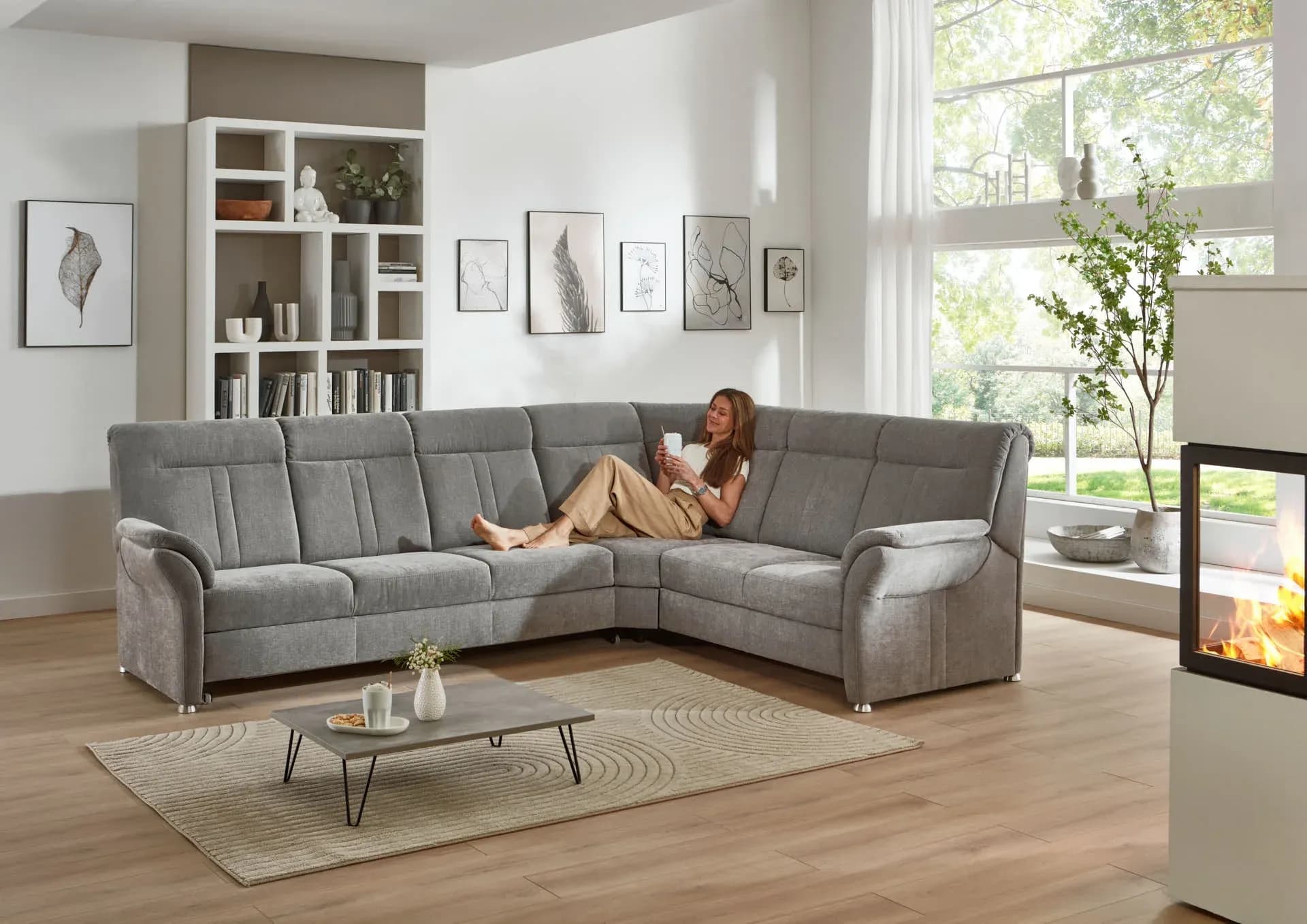 Ecksofa - 3-Sitzer mit Ecke rechts, Schlaffunktion mit Bettkasten, Stoff, Grau