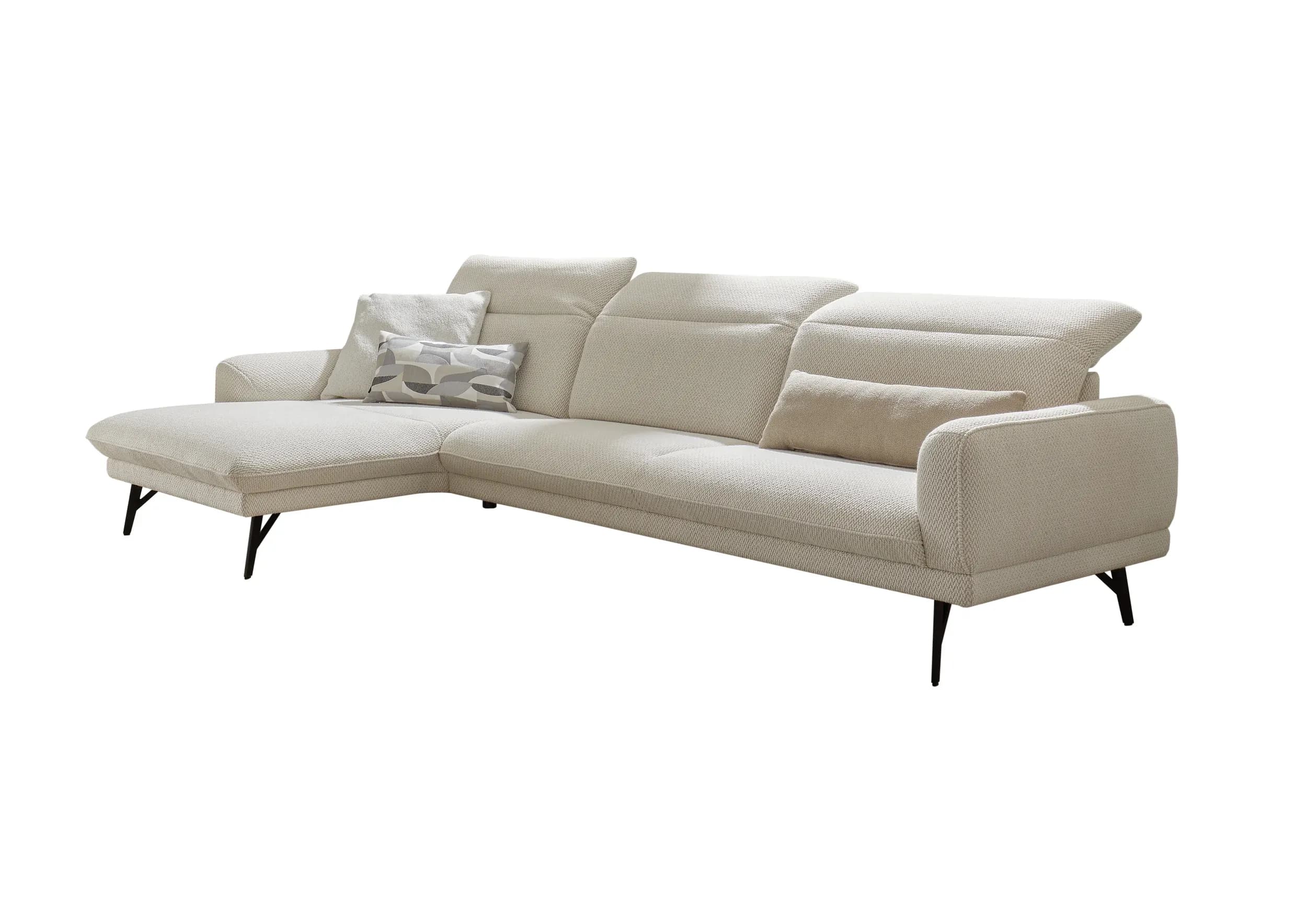 Ecksofa EM Miramar - Longchair links mit 3-Sitzer, Kopfteil/Sitztiefe verstellbar, Stoff, beige