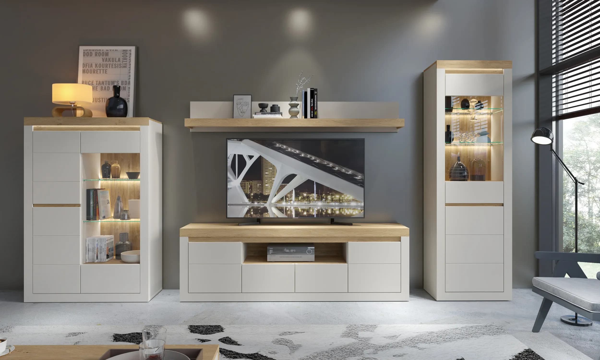 TV-Lowboard - mit Beleuchtung, B ca. 194 cm, Kaschmir, Stone Eiche Nachbildung