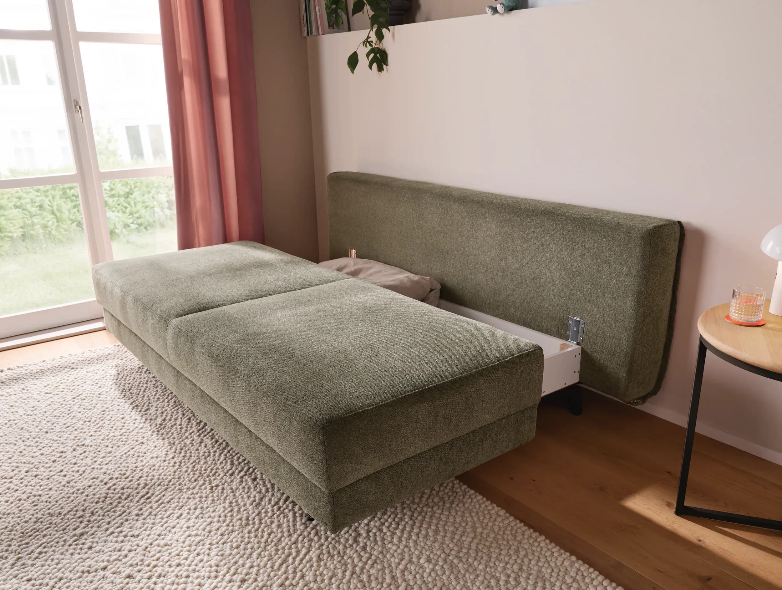 Schlafsofa Carmona - 2-Sitzer inkl. Schlaffunktion und Bettkasten, Stoff, Grün