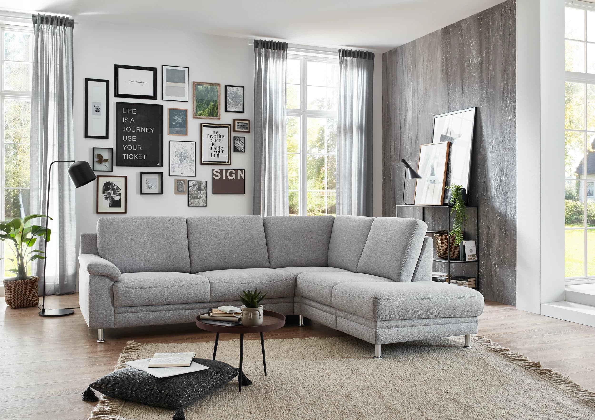 Ecksofa EM Athen - 2,5-Sitzer mit Ecke rechts, Stoff, Hellgrau
