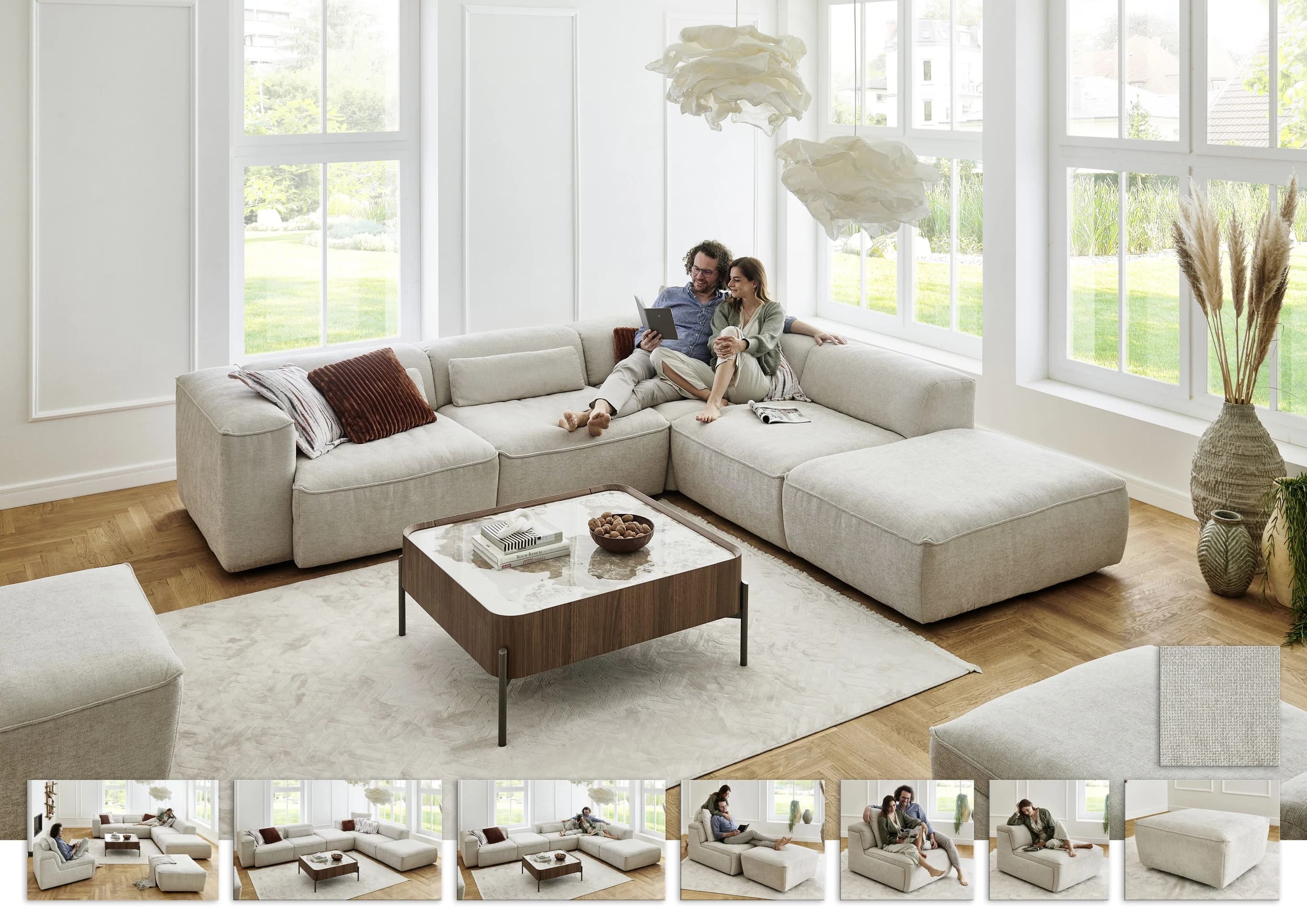 Ecksofa - 3-Sitzer mit Ecke rechts, Stoff, Natur