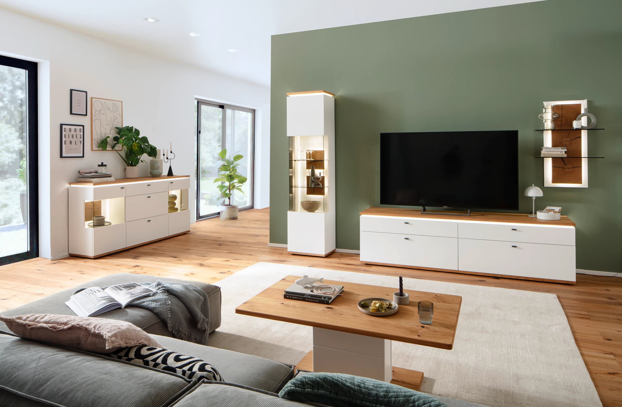 Highboard mit Beleuchtung - Weiß, Absetzung Eiche