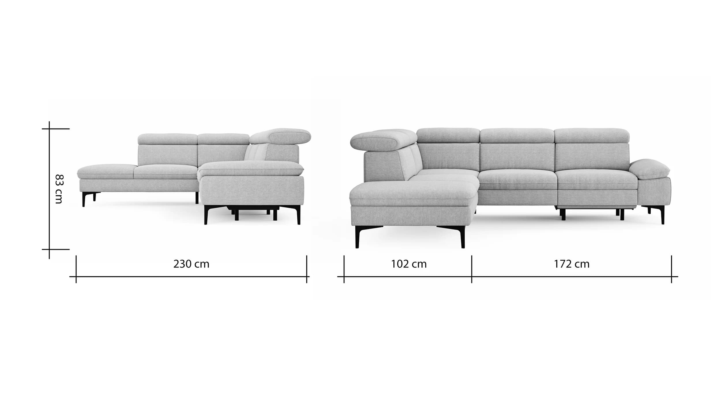 Ecksofa Felipa - Ecke links mit 2,5-Sitzer inkl. Armlehne verstellbar und Rückenlehne/Sitztiefe verstellbar (motorisch), Stoff, Grau
