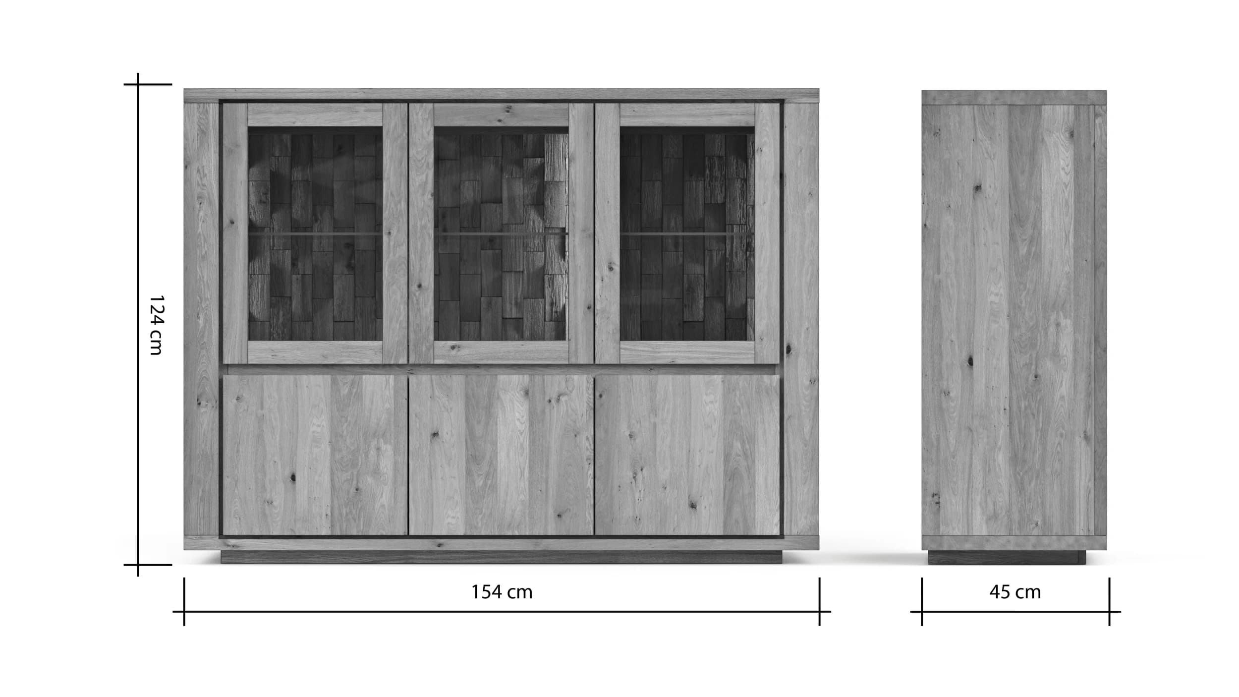 Highboard Bakersfield - inkl. Beleuchtung, Rückwand mit Holzschindeln, Asteiche, Barrrique