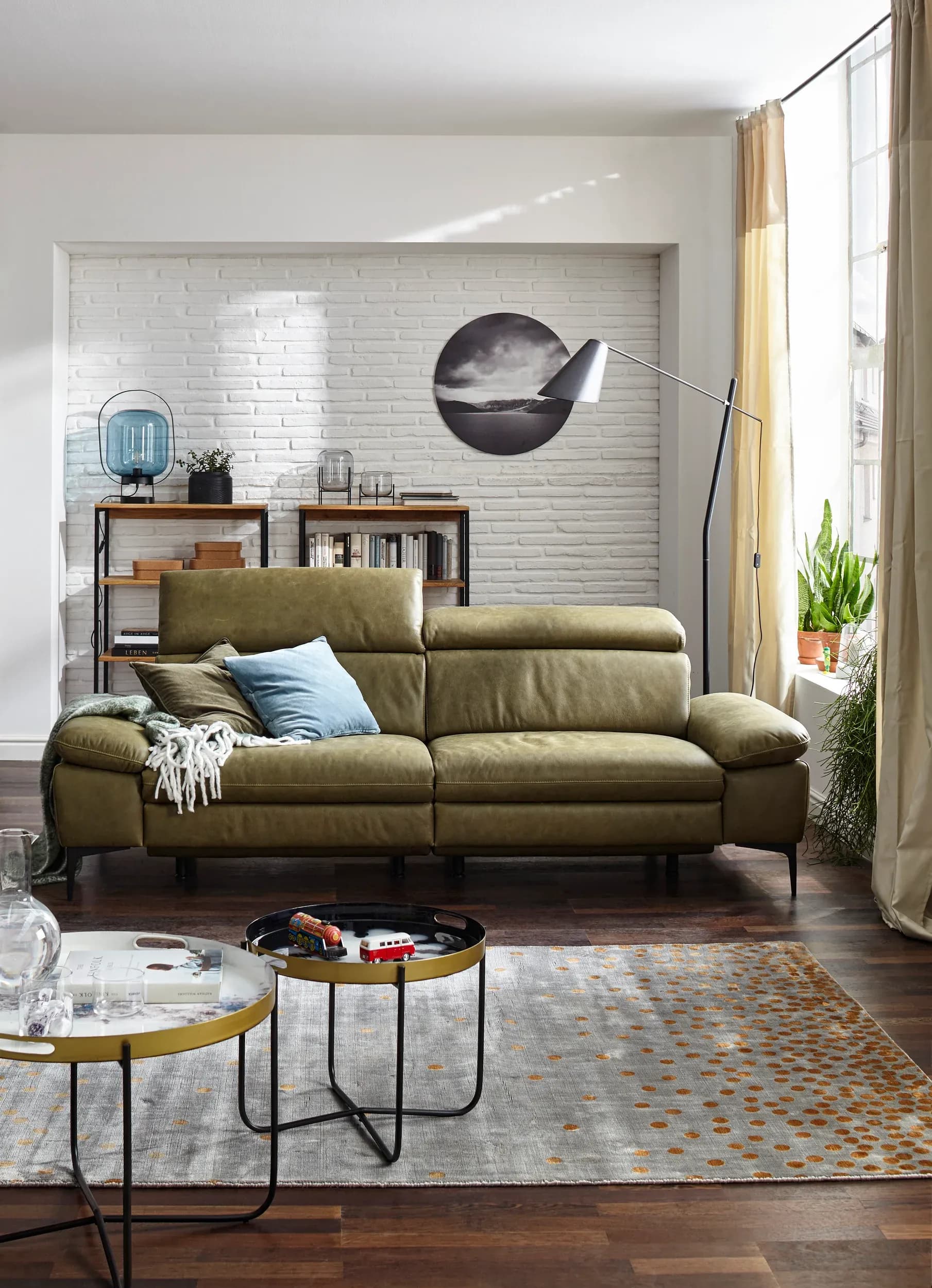 Sofa Felipa - 3-Sitzer inkl. Relaxfunktion (motorisch) und Kopfteil verstellbar, Leder, Olive