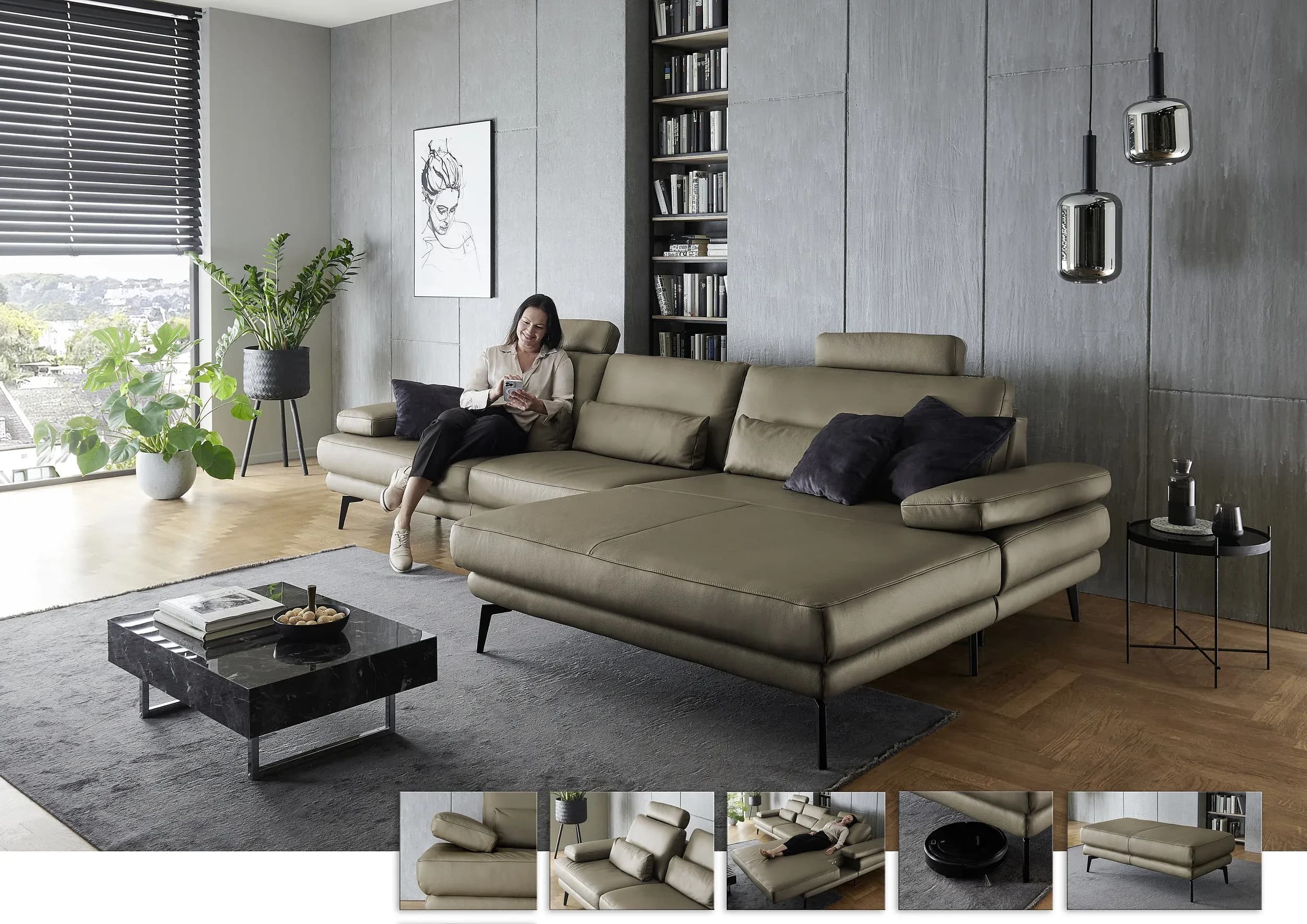 Ecksofa - 3-Sitzer mit Longchair rechts, Leder, Dunkelgrün