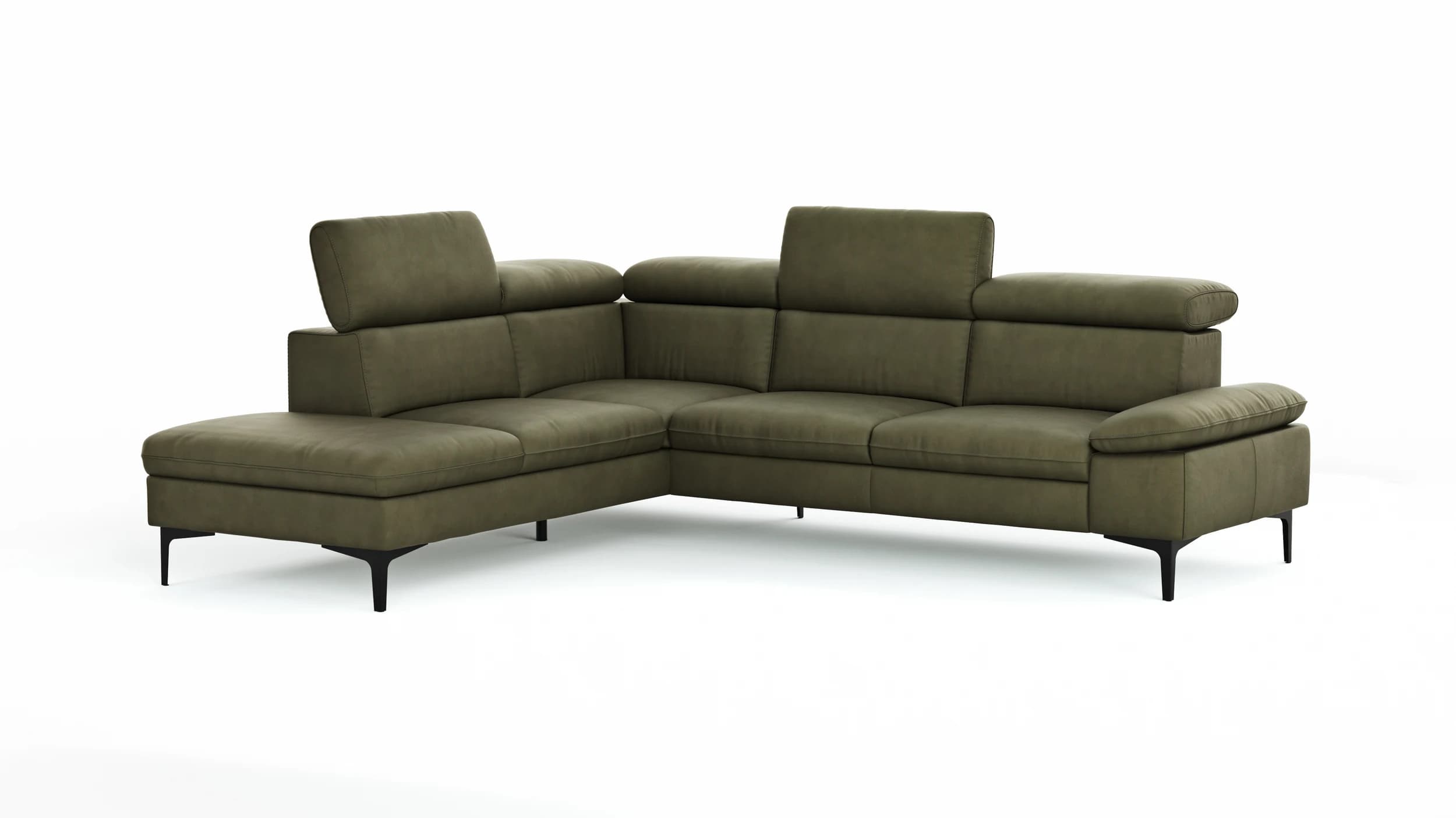Ecksofa Felipa - Ecke links mit 2,5-Sitzer inkl. Kopfteil verstellbar, Leder, Olive