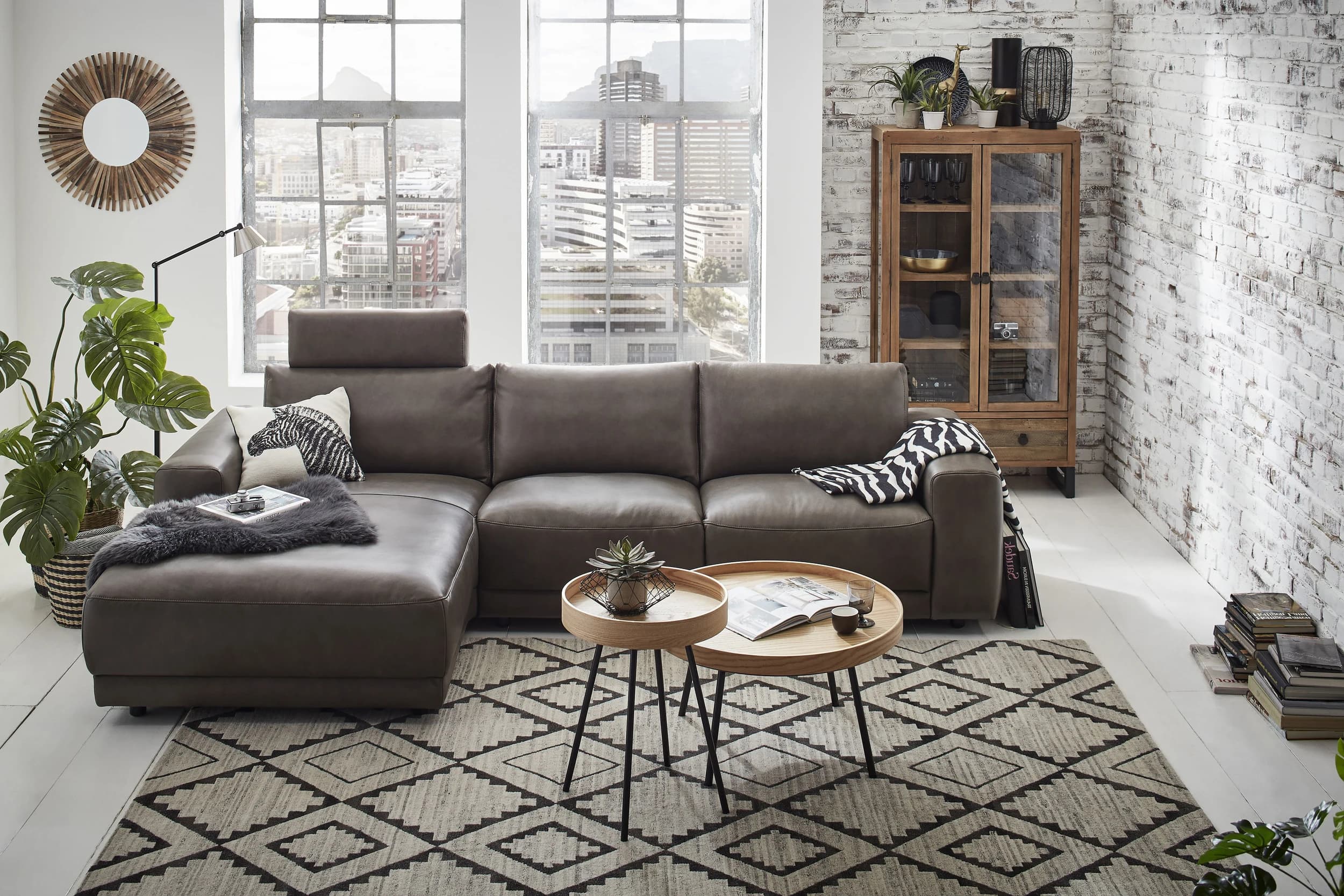 Ecksofa Balok - Longchair groß links mit 2,5-Sitzer, Leder, Braungrün