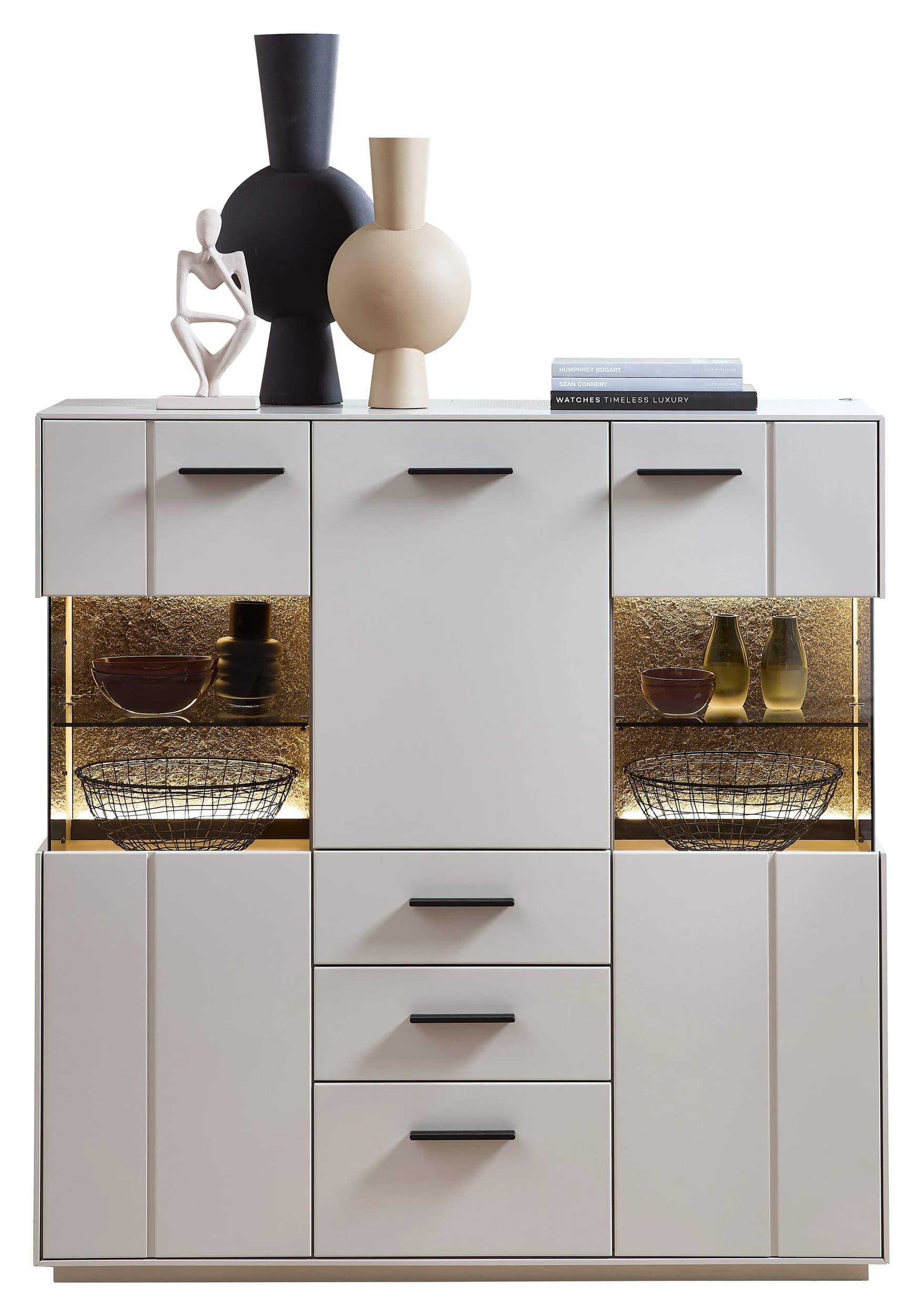 Highboard - mit Beleuchtung, Creme Lack, Absetzung: Granit Steinfurnier