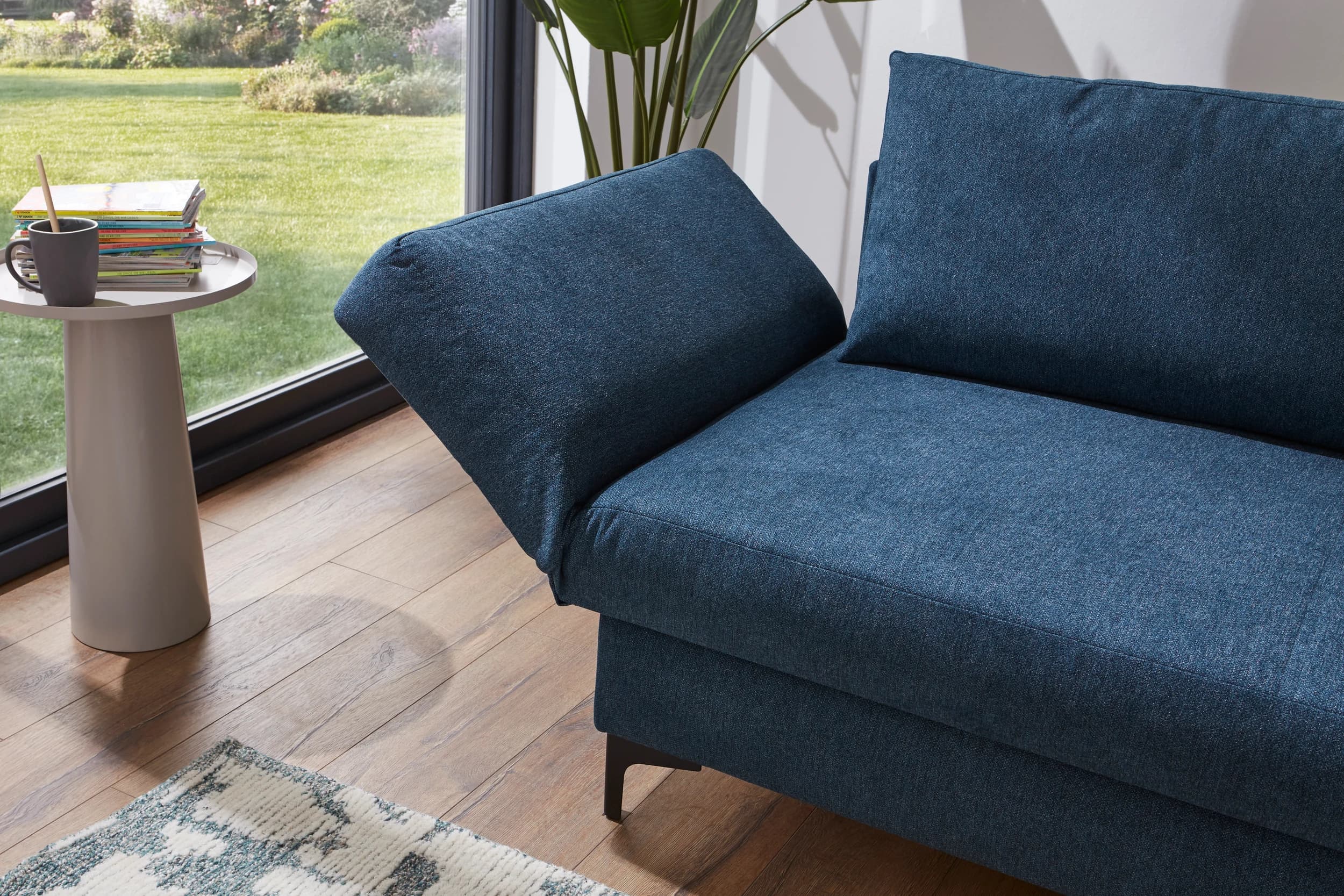 Schlafsofa Verano - Ausrichtung links inkl. Schlaffunktion und Bettkasten, Stoff, Petrol