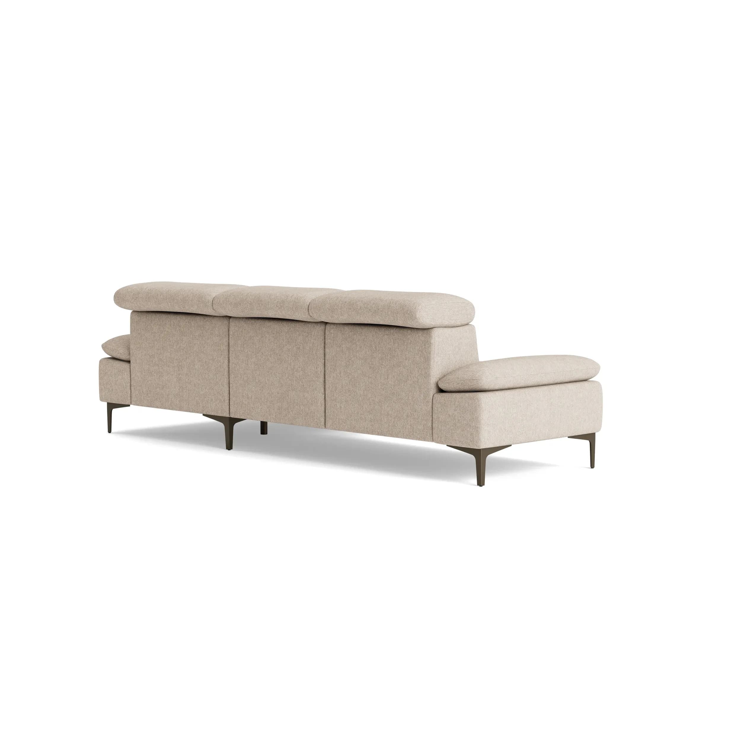 Ecksofa Felipa - 3-Sitzer mit Longchair rechts inkl. Armlehne und Kopfteil verstellbar, Stoff, Graubeige