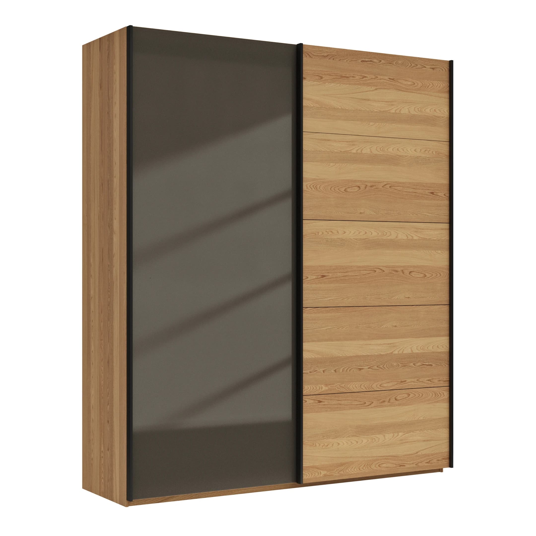 Schwebetürenschrank Lenoso - B. ca. 200 cm, Eiche massiv, Glas Dunkelbraun
