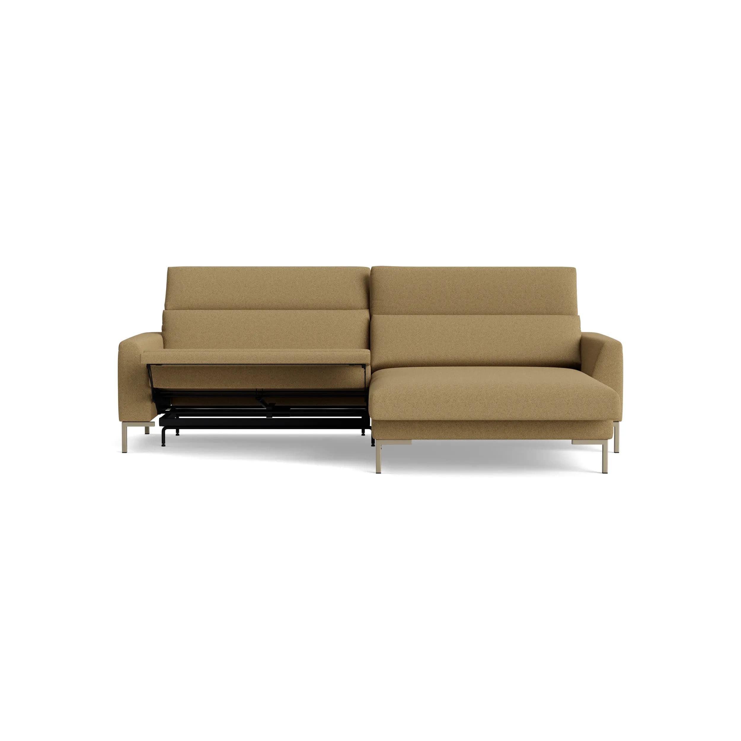 Sofa Braska - 1,75-Sitzer mit Longchair rechts, inkl. Relaxfunktion (motorisch) und Kopfstütze verstellbar, Stoff, Rauchbraun