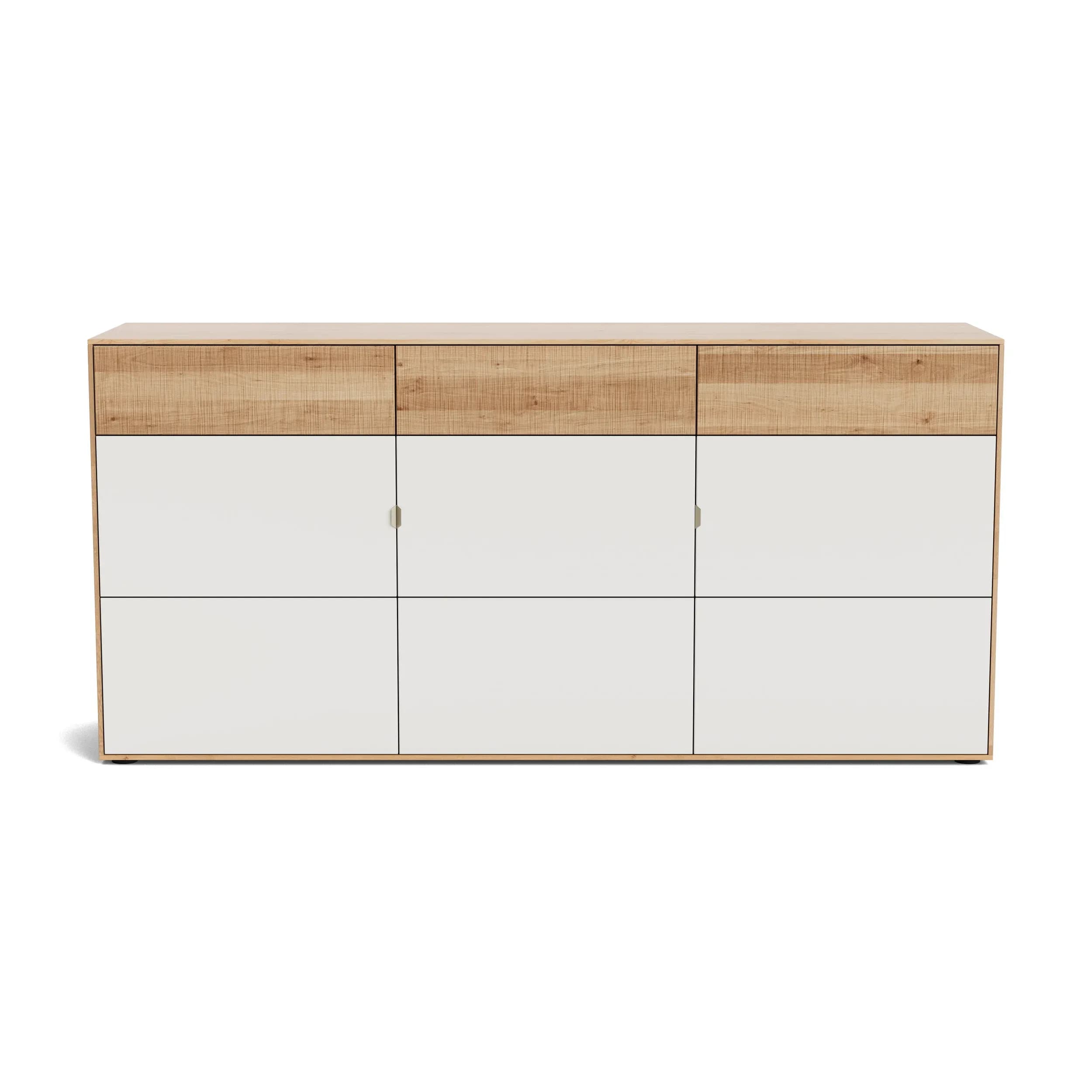 Sideboard Koruna – Eiche massiv legno geölt, Front oben Holz sägerau, unten Glas cremeweiß