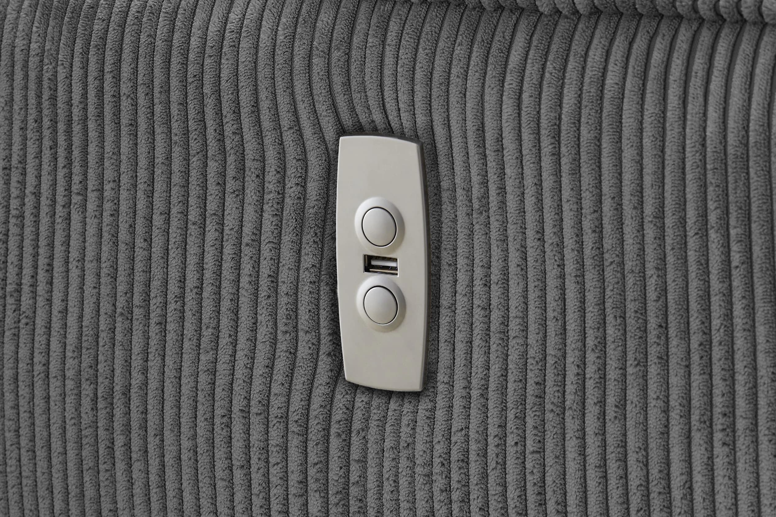 Ecksofa - 1-Sitzer mit Longchair rechts, Relaxfunktion motorisch, Kopfteil verstellbar, Cord, Grau