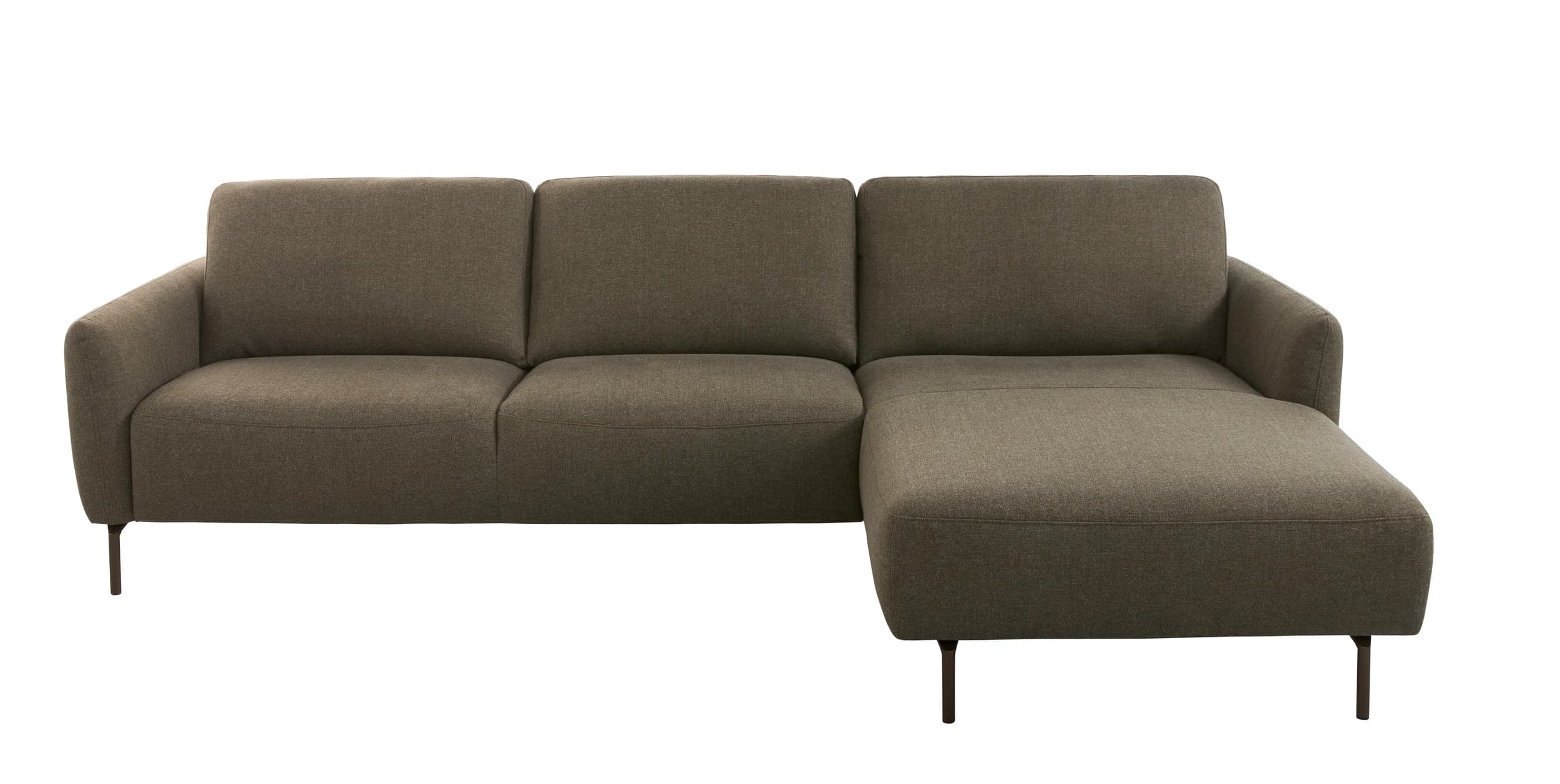 Ecksofa Leona - 3-Sitzer mit Longchair rechts inkl. Sitzvorzug motorisch, Stoff, Braungrün