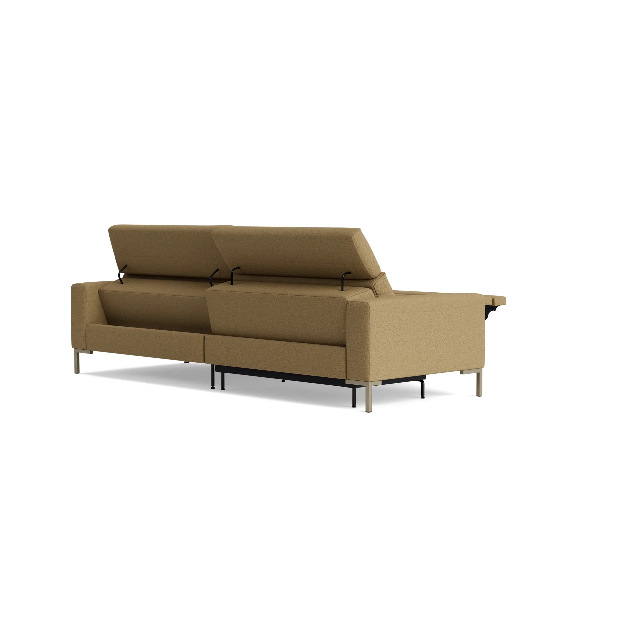 Sofa Braska - 1,75-Sitzer mit Longchair rechts, inkl. Relaxfunktion (motorisch) und Kopfstütze verstellbar, Stoff, Rauchbraun