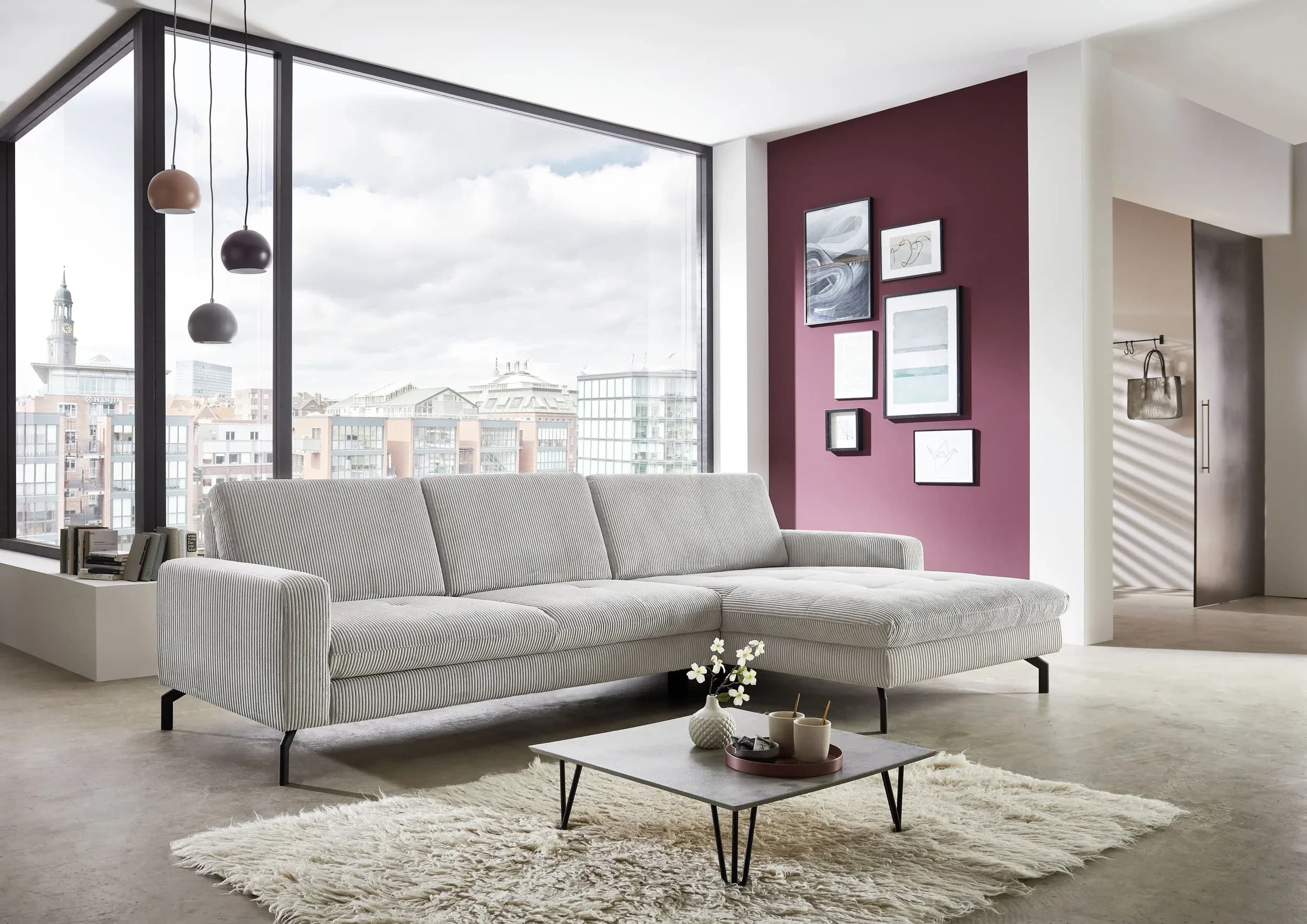 Ecksofa - 3-Sitzer mit Longchair rechts, Stoff, Grau