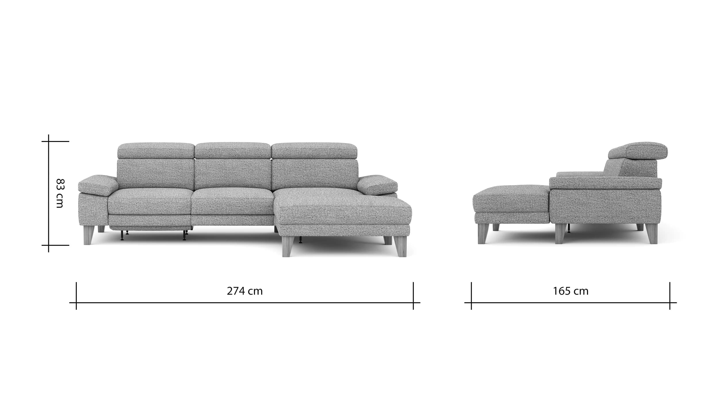 Ecksofa Hudson - 2,5-Sitzer mit Longchair rechts, inkl. Kopfteil/Armlehne verstellbar und Relaxfunktion (motorisch), Stoff, Kupfer