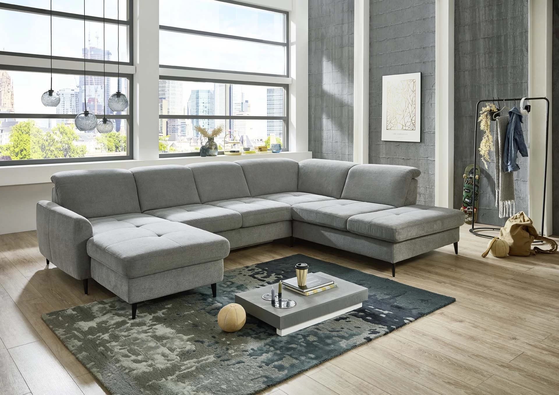 Wohnlandschaft - Longchair links mit 2,5-Sitzer und Ecke rechts, Sitztiefe verstellbar, Stoff, Grau