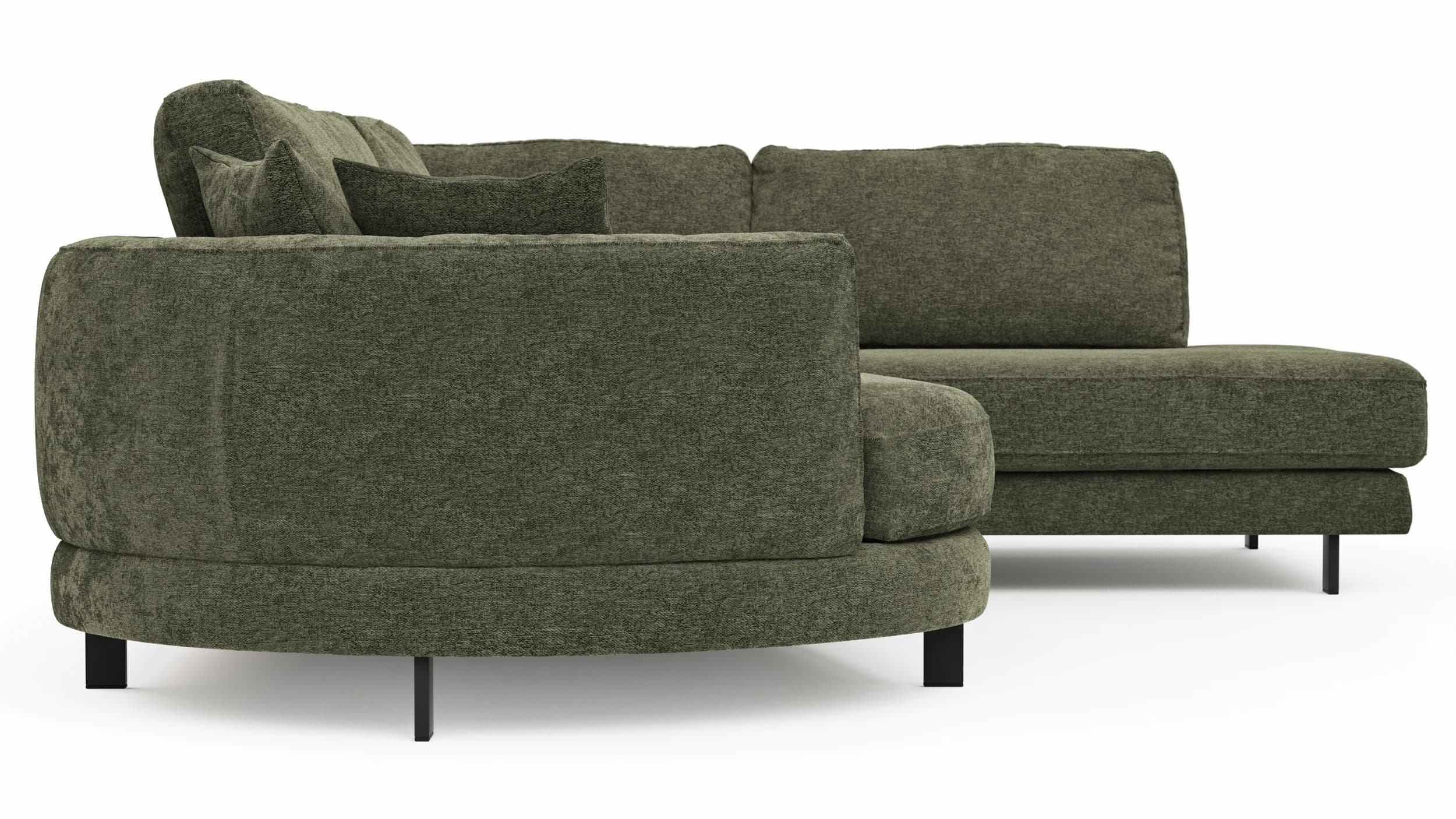 Ecksofa Solenne - Diwan rund links mit Ottomane rechts, Stoff, Olive