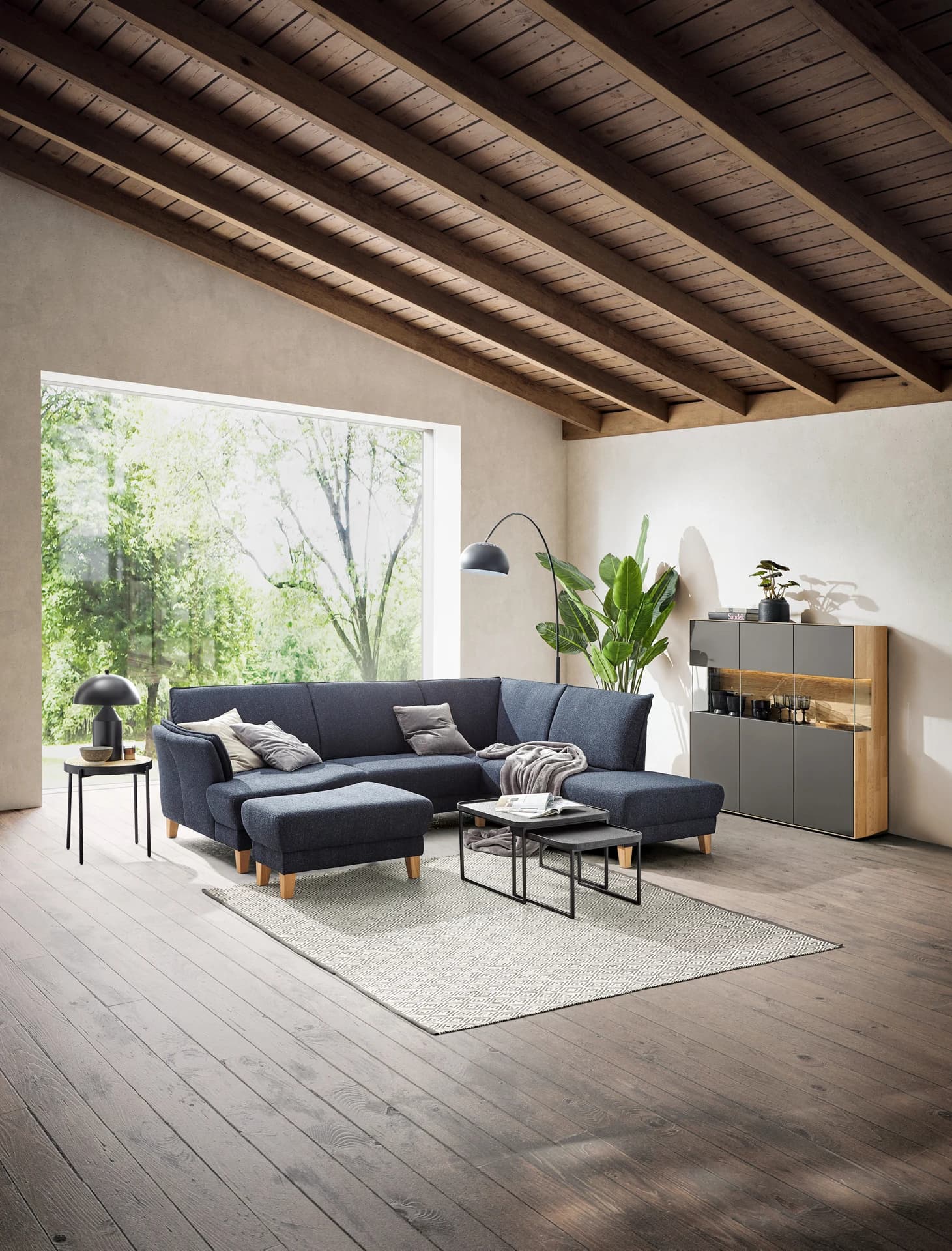 Sofa Stamford - 3,5-Sitzer, Bogen links mit Ecksofa 2-sitzig und Abschlusshocker Rechts, Stoff, Dunkelblau