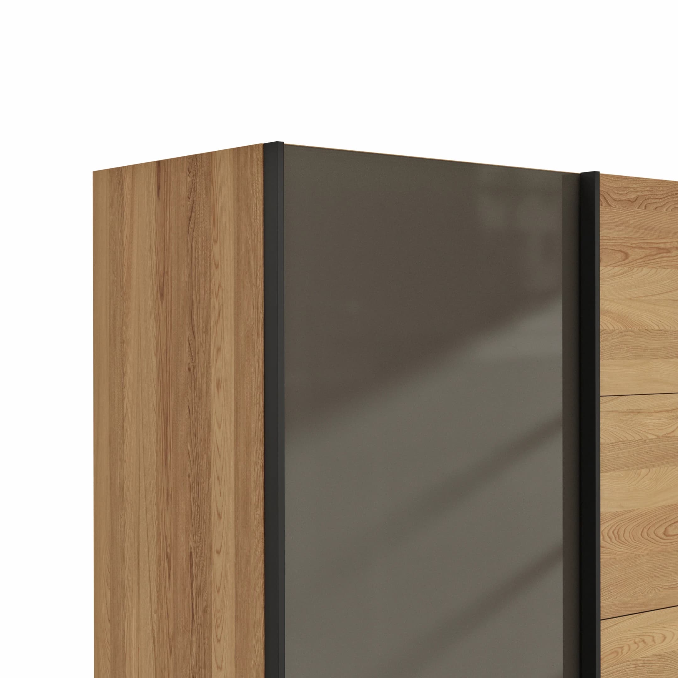 Schwebetürenschrank Lenoso - B. ca. 250 cm, Eiche massiv, Glas Dunkelbraun