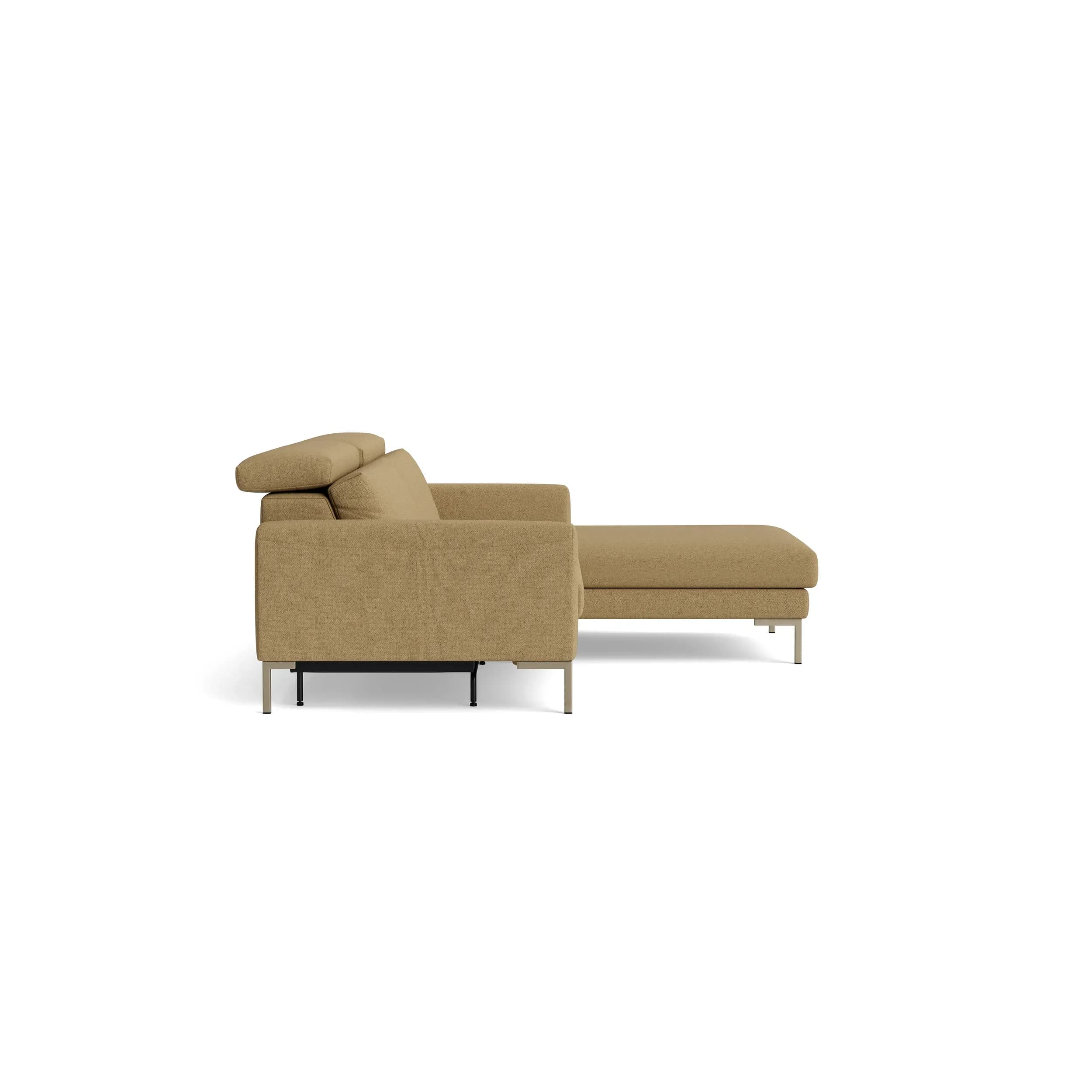 Sofa Braska - 1,75-Sitzer mit Longchair rechts, inkl. Relaxfunktion (motorisch) und Kopfstütze verstellbar, Stoff, Rauchbraun